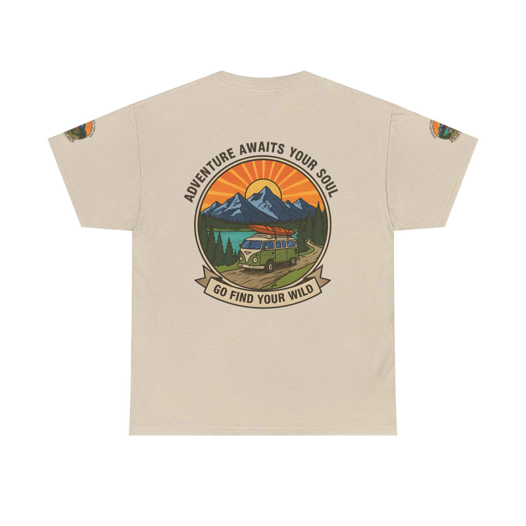 Unisex Heavy Cotton Tee — “Adventure Awaits Your Soul: Go Find Your Wild” Van & Mountain Graphic