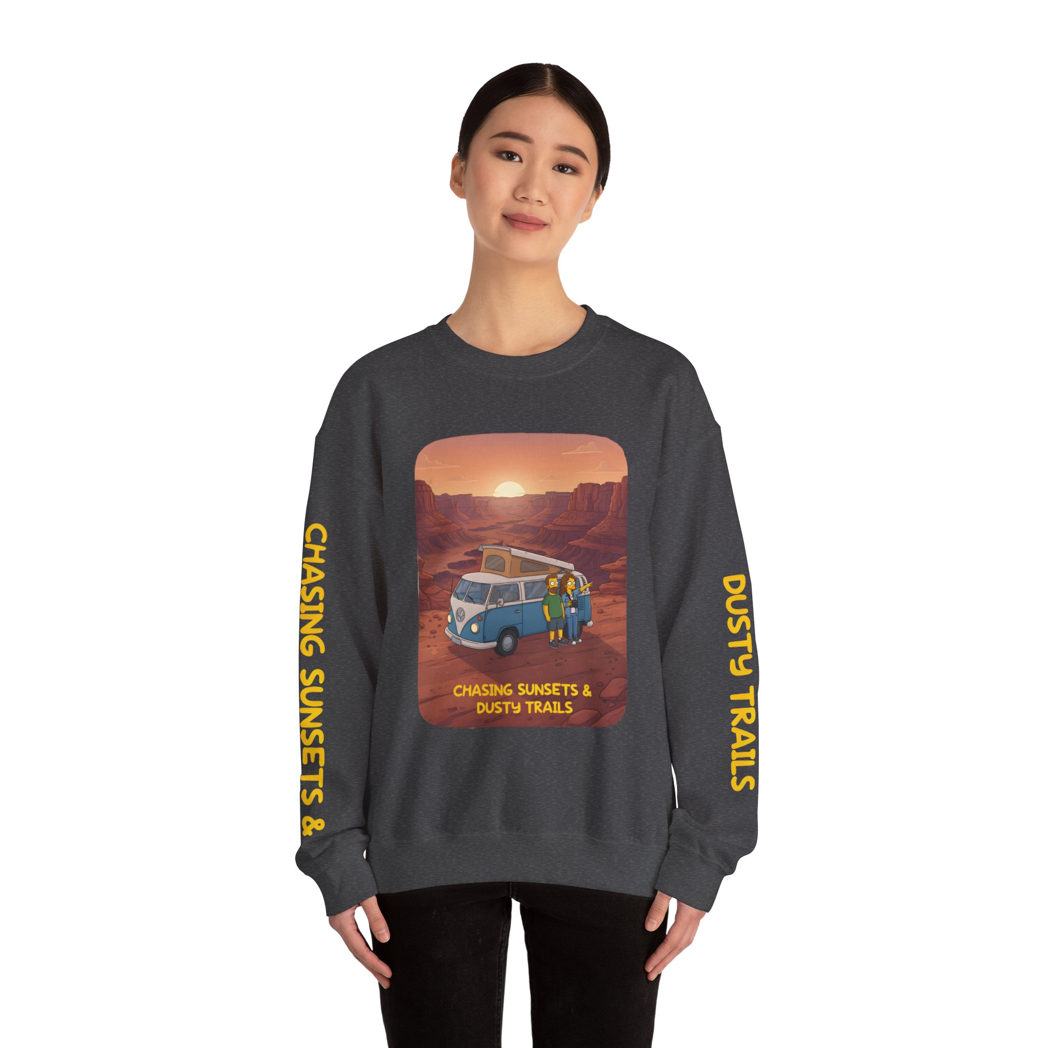 Unisex Heavy Blend™ Crewneck Sweatshirt — "Chasing Sunsets And Dusty Trails" Design Sitcom-Line