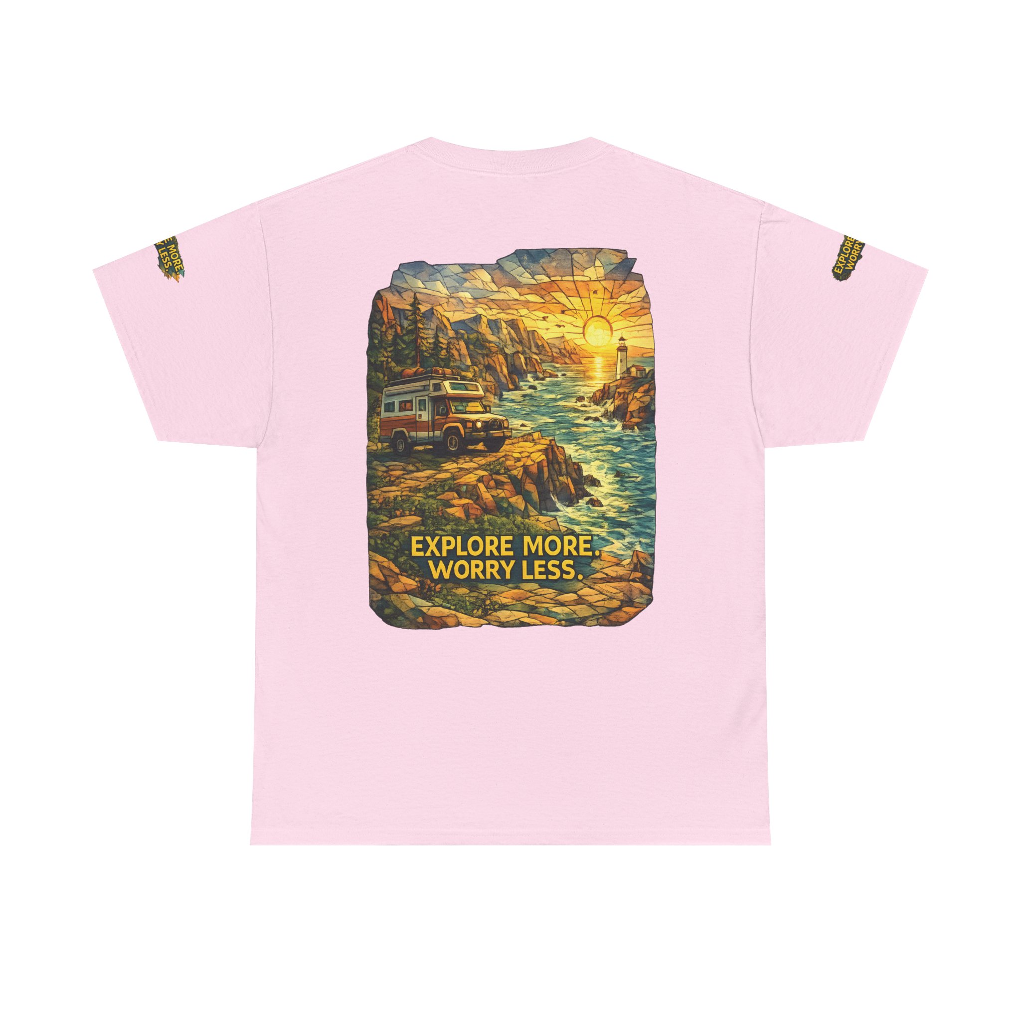 Unisex Heavy Cotton Tee — "Explore More Worry Less" Design Cubic-Line