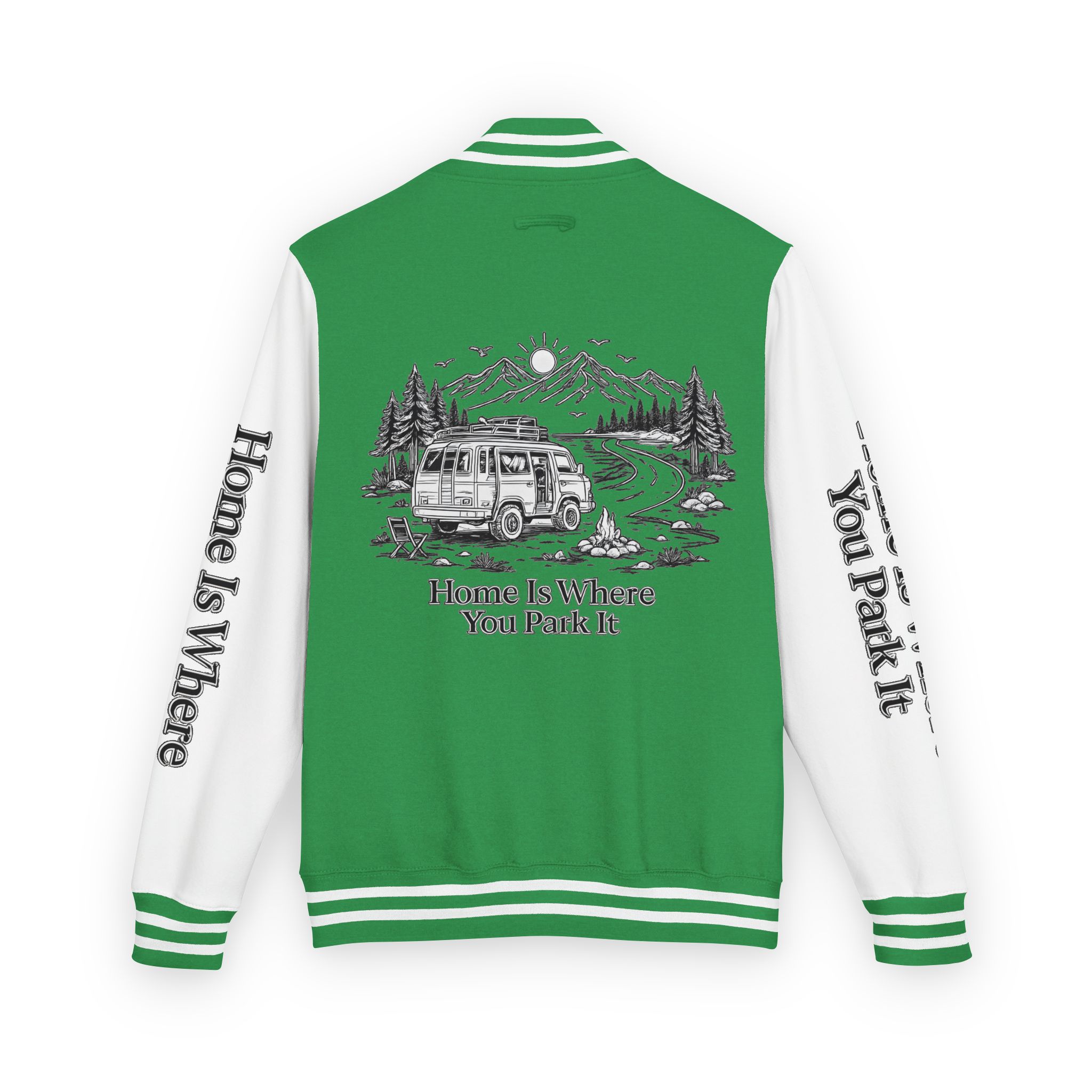 Unisex Heavyweight Letterman Jacket — "Home Is Where You Park It" Travel Varsity Coat