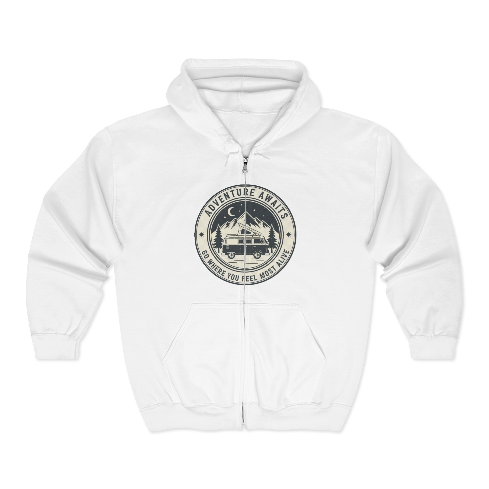 Zip Hoodie — "Adventure Awaits-Go Where You Feel Most Alive" (Only Front Printed) Camper Van Adventure Zip-Up