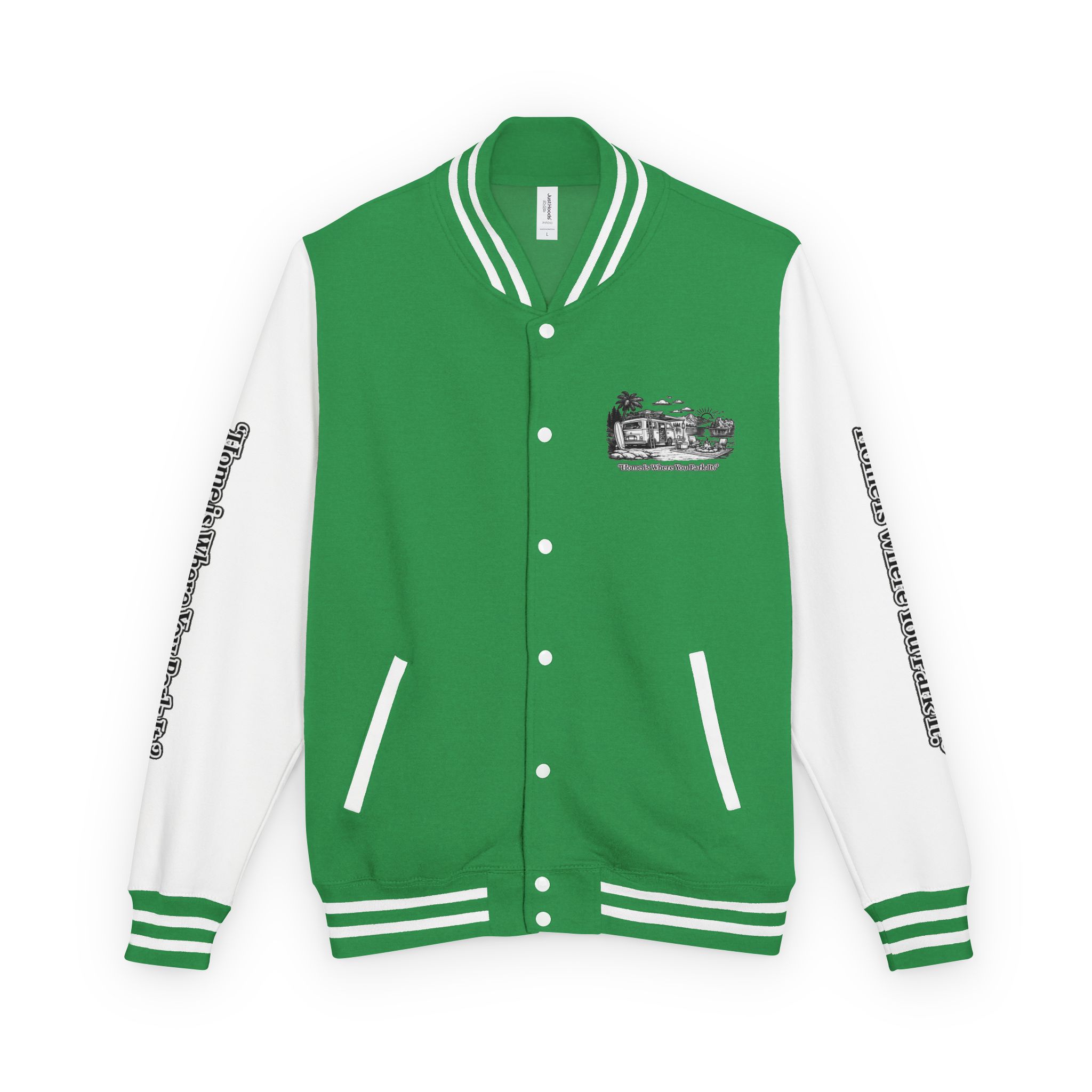 14268001176905852859_2048-1.jpeg Unisex Heavyweight Letterman Jacket — "Home Is Where You Park It" Travel Varsity Coat
