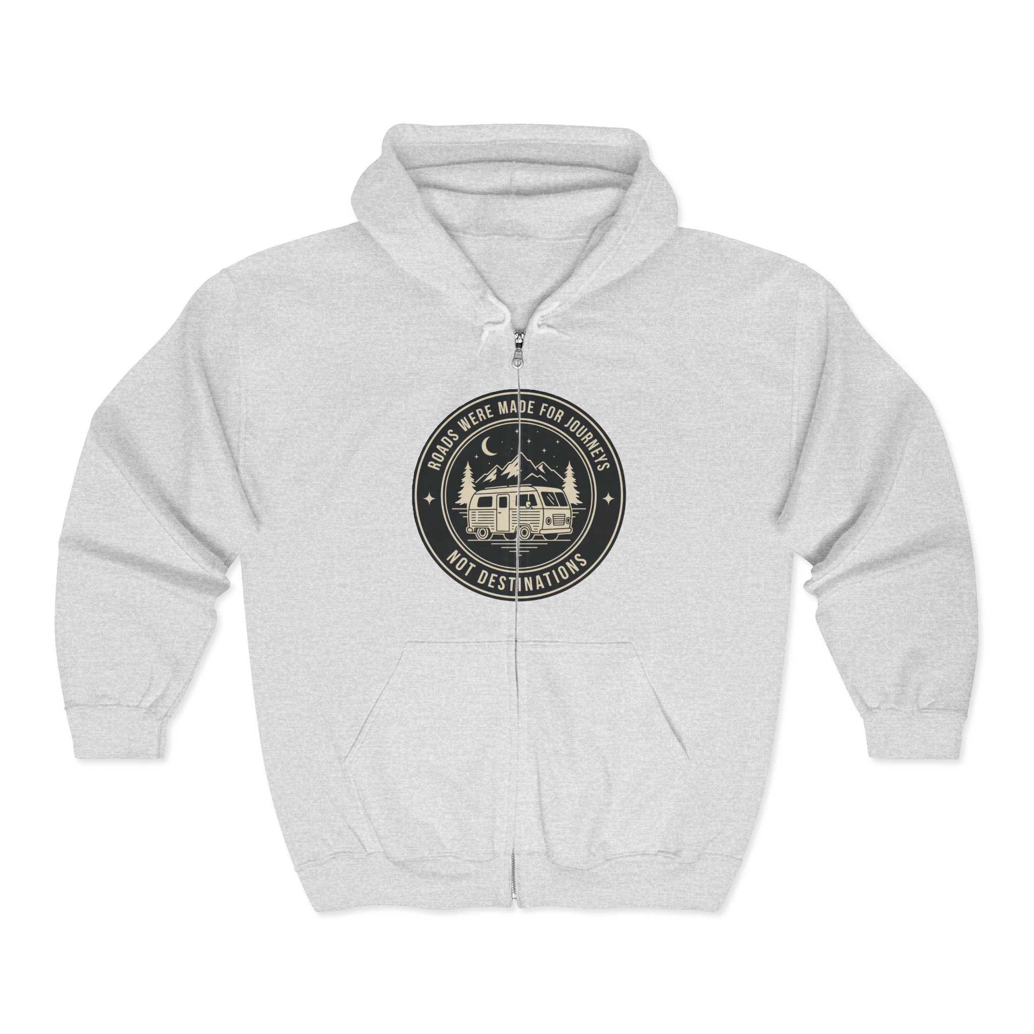 Zip Hoodie — "ROAD WHERE MADE FOR JOURNEYS-NOT DESTINATIONS"(Front + Back Printed) Camper Van Adventure Zip-Up
