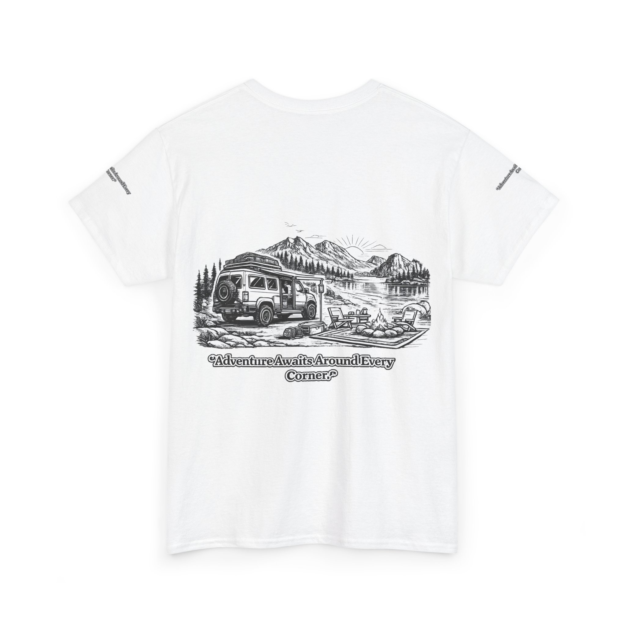 Unisex Heavy Cotton Tee — "Adventure Awaits Around Every Corner" Design Minimal-Line