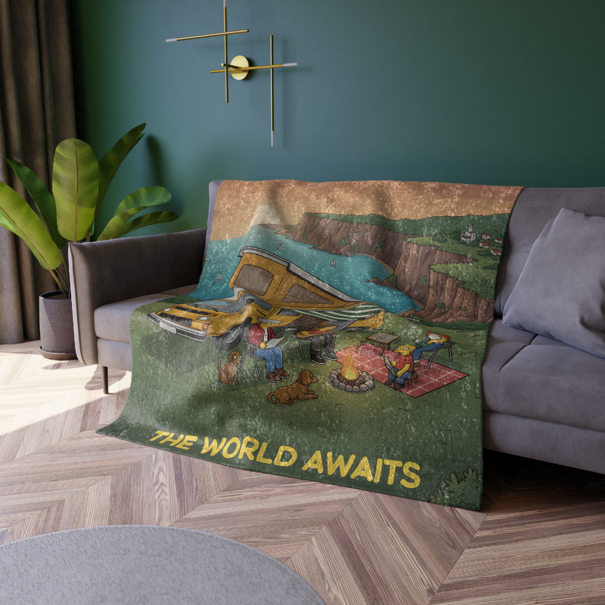Crushed Velvet Blanket —"The World Awaits" Design Sitcom-Line (Campervan)