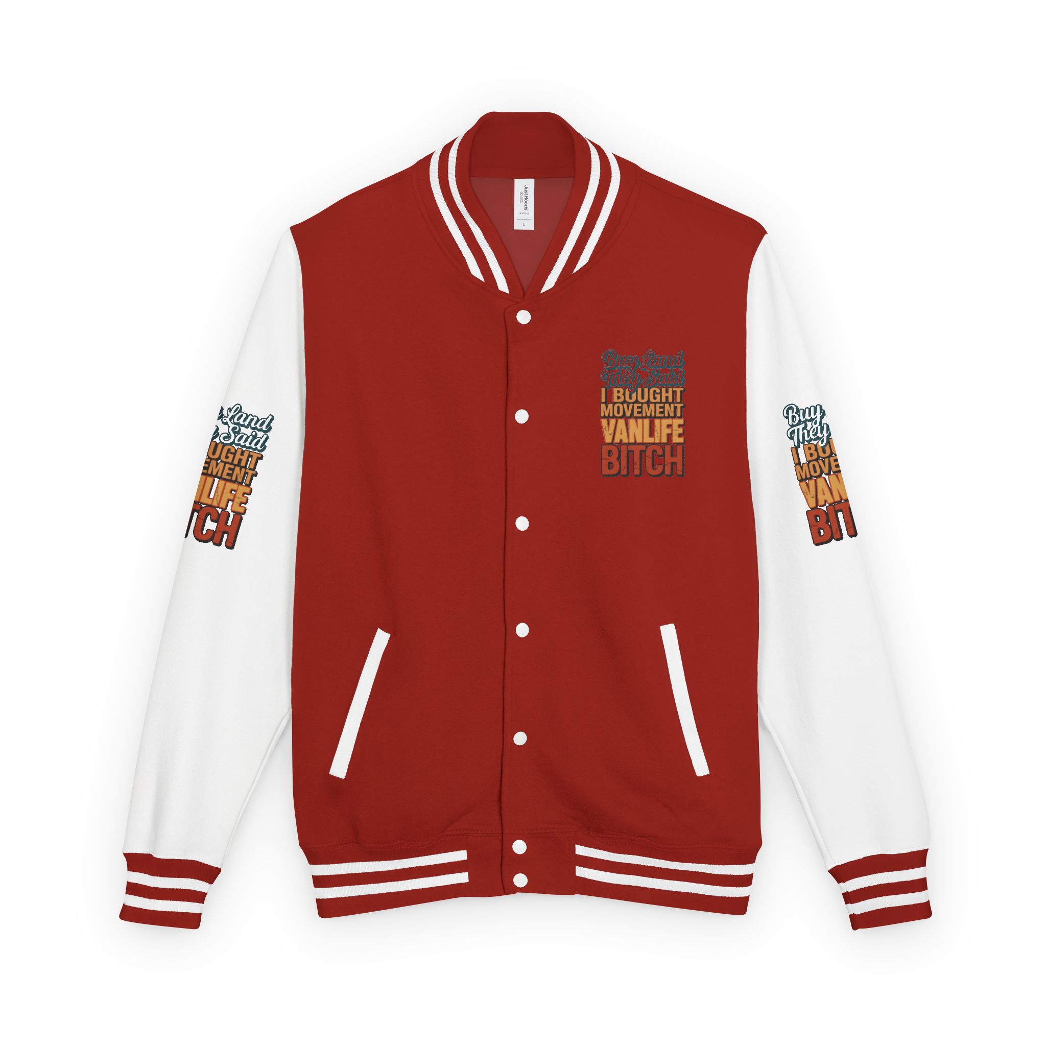 Unisex Heavyweight Letterman Jacket — "Buy Land They Said" Design F**K-Line