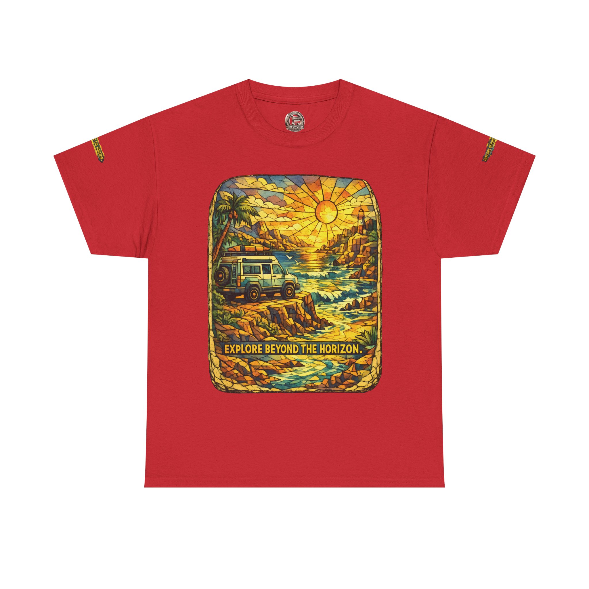 Unisex Heavy Cotton Tee — "Explore Beyond The Horizon" Design Cubic-Line