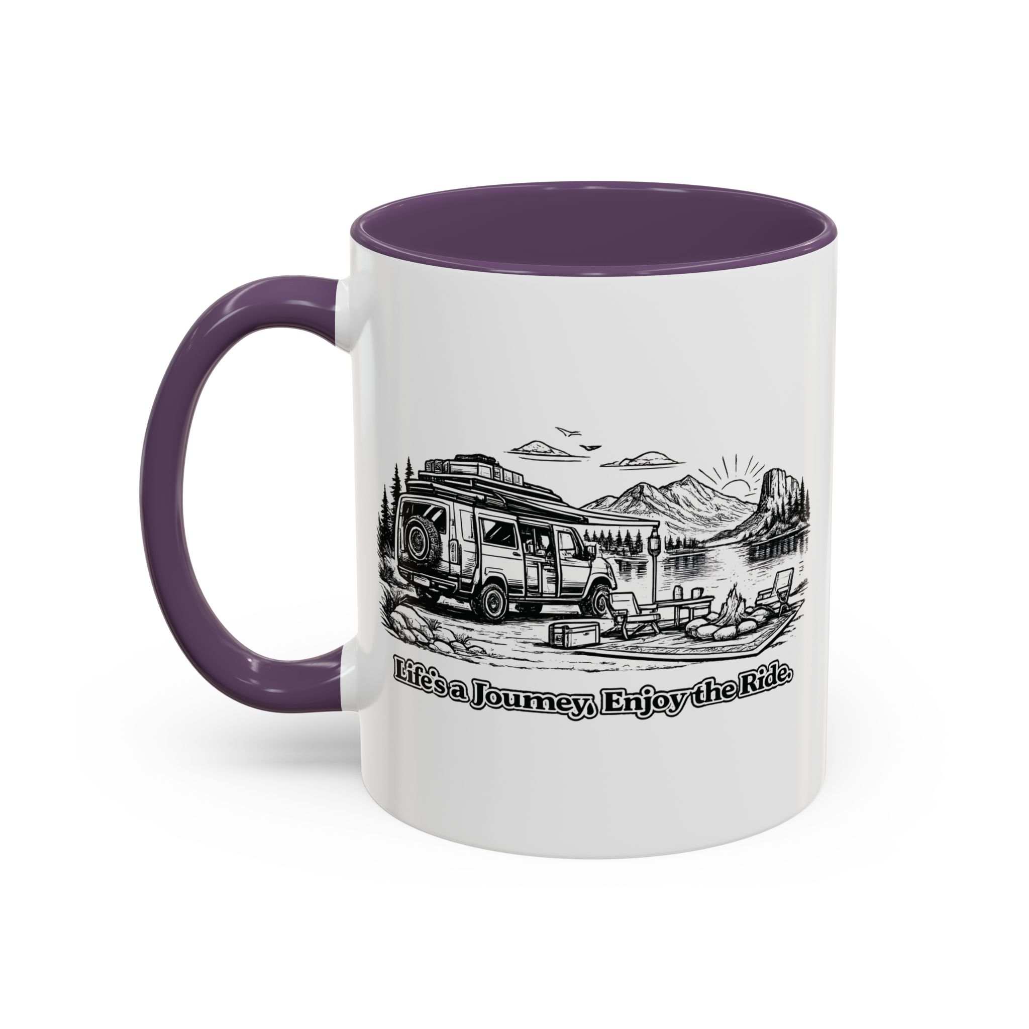 Accent Coffee Mug (11, 15oz) — "Lifes A Journey,Enjoy The Ride" Design Minimal-Line