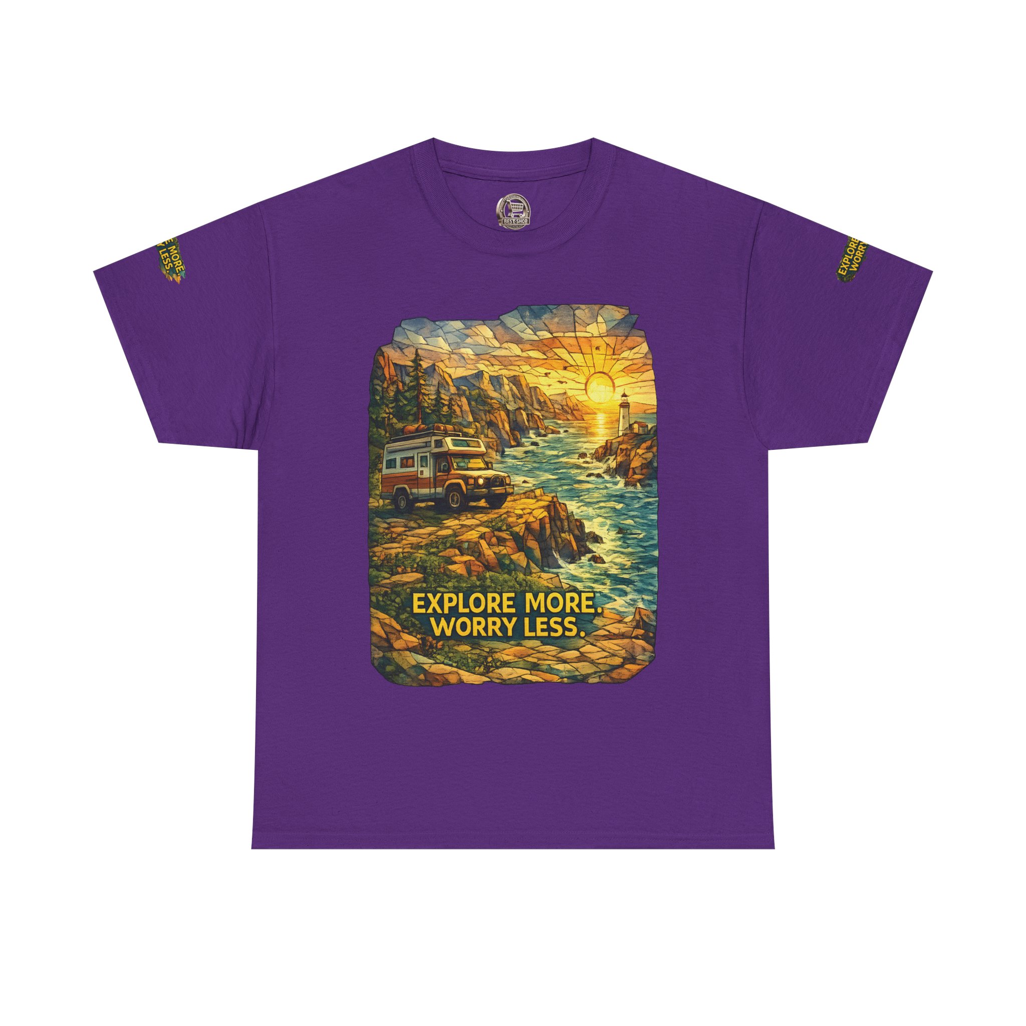 Unisex Heavy Cotton Tee — "Explore More Worry Less" Design Cubic-Line