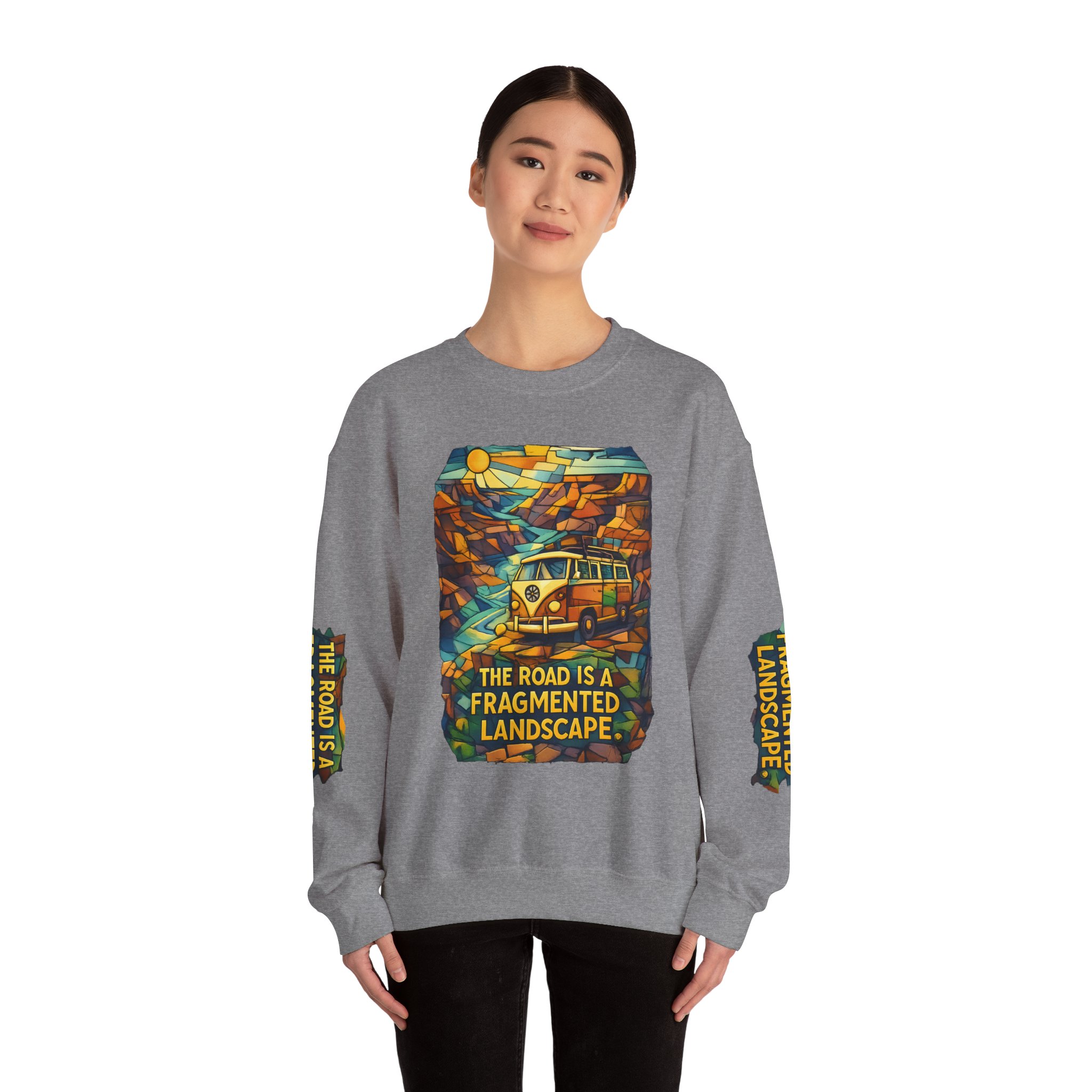 Unisex Heavy Blend™ Crewneck Sweatshirt — "The Road Is A Fragmented Landscape" Design Cubic-Line