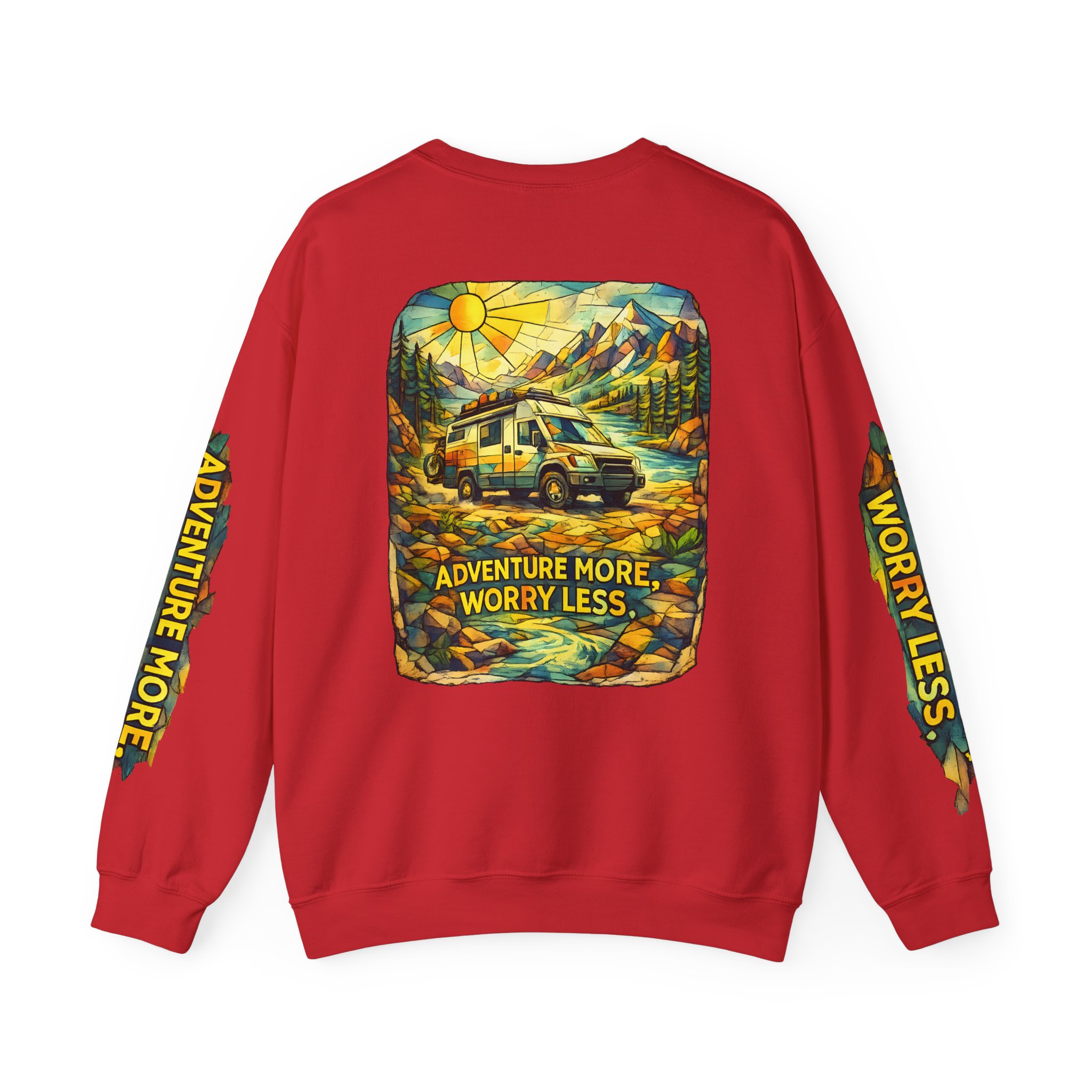 Unisex Heavy Blend™ Crewneck Sweatshirt — "Adventure More Worry Less" Design Cubic-Line