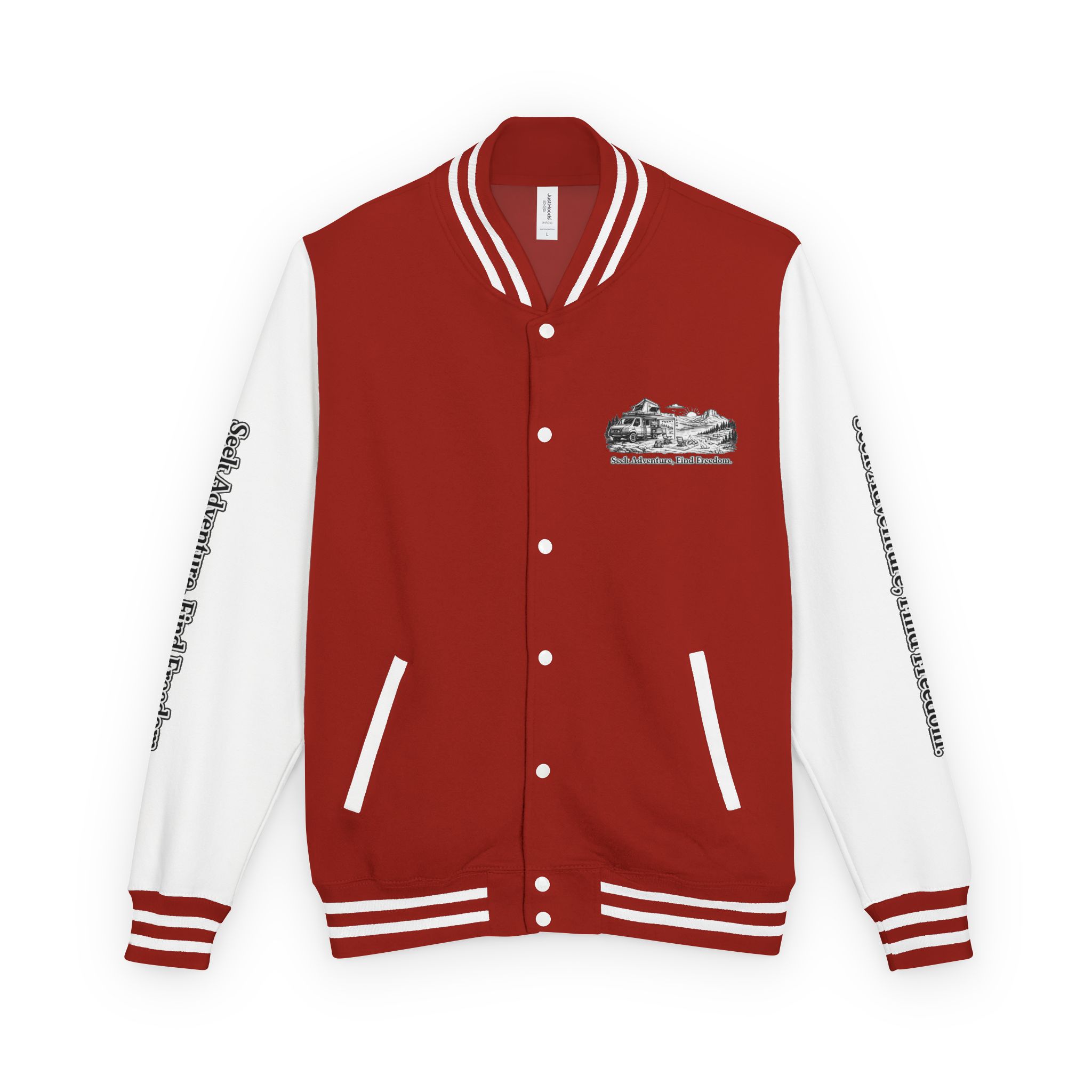 1436117801372519062_2048-1.jpeg Unisex Heavyweight Letterman Jacket — "Seek Adventure, Find Freedom" Travel Varsity Coat