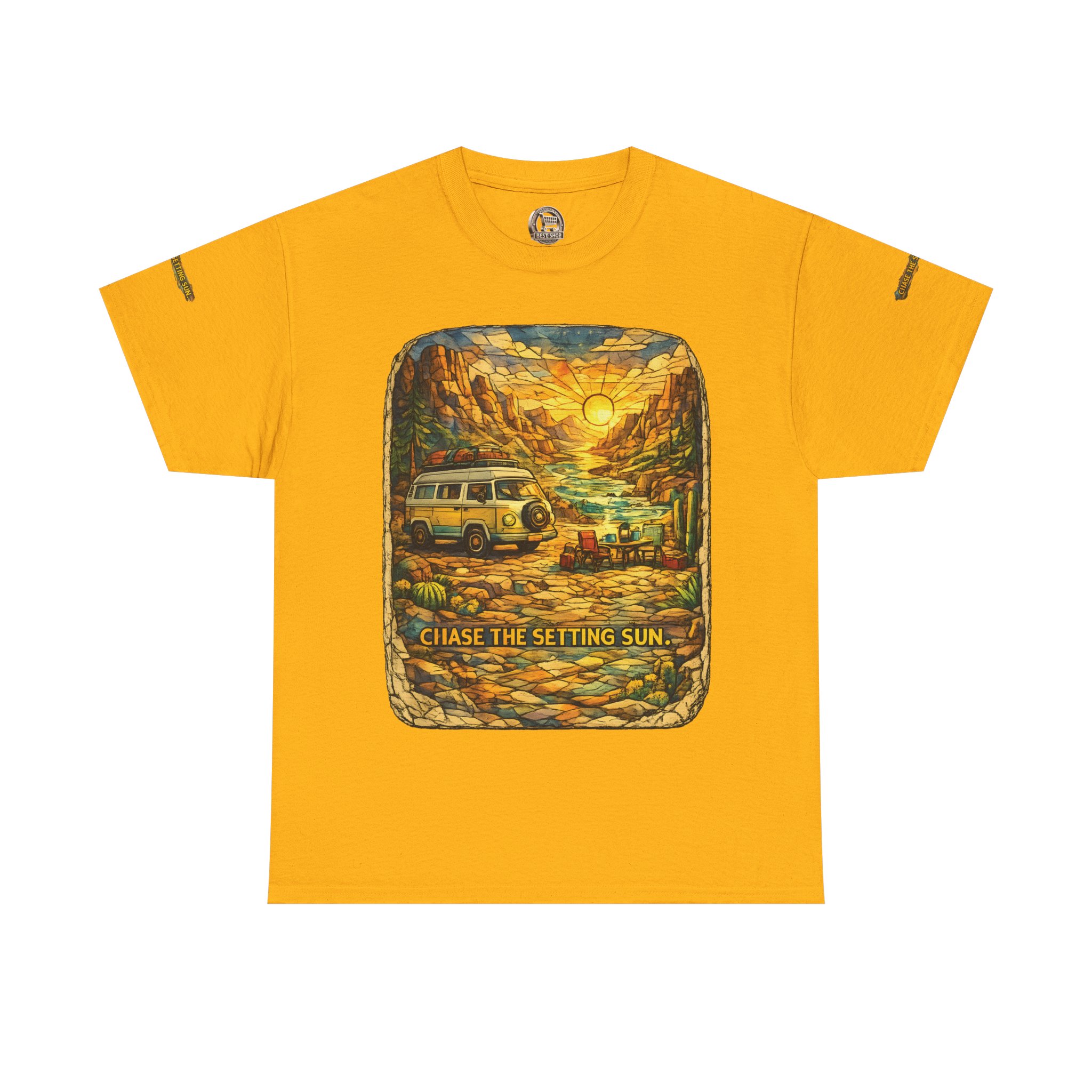 Unisex Heavy Cotton Tee — "Chase The Settings Sun" Design Cubic-Line