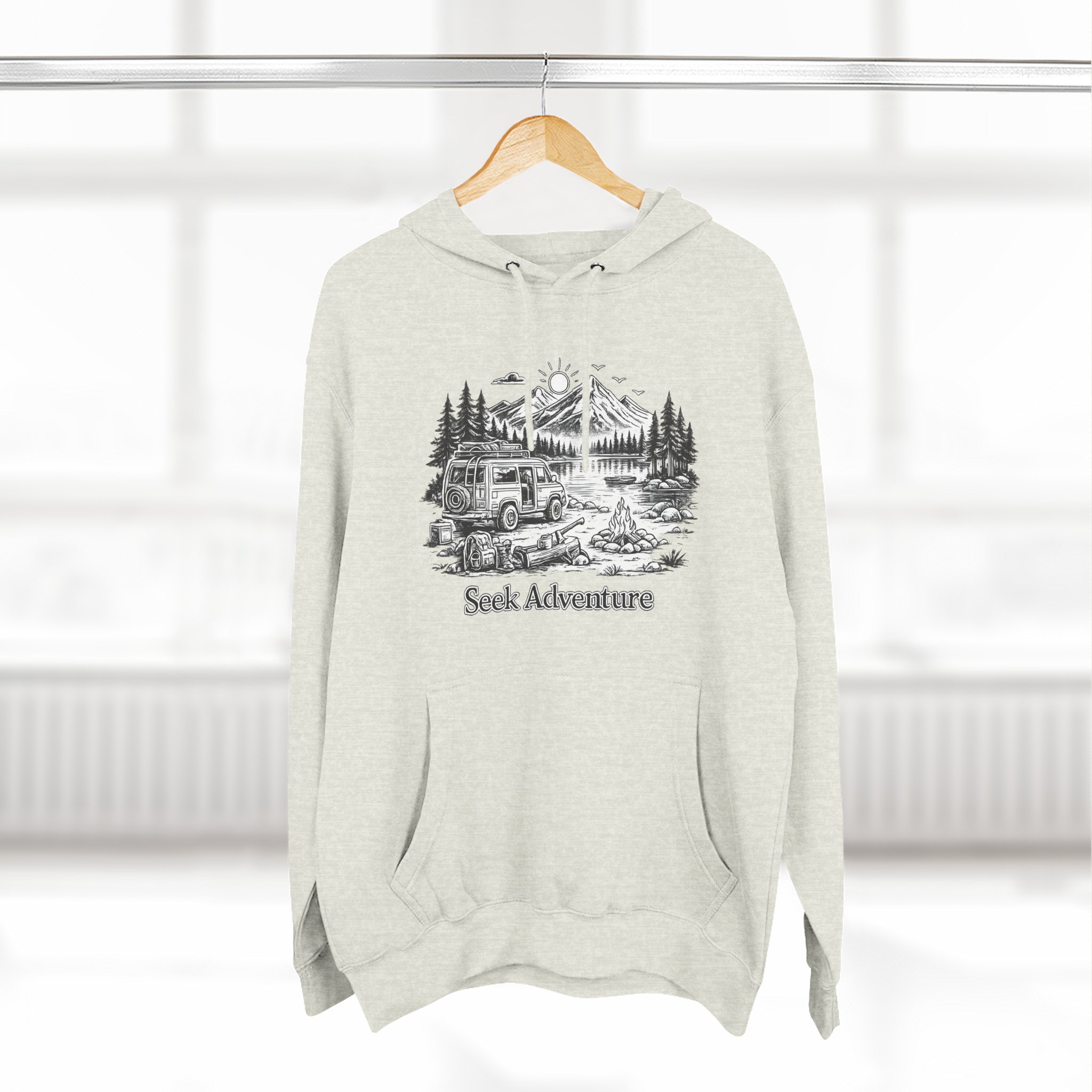 Three-Panel Fleece Hoodie - "Seek Adventure" Design Minimal-Line