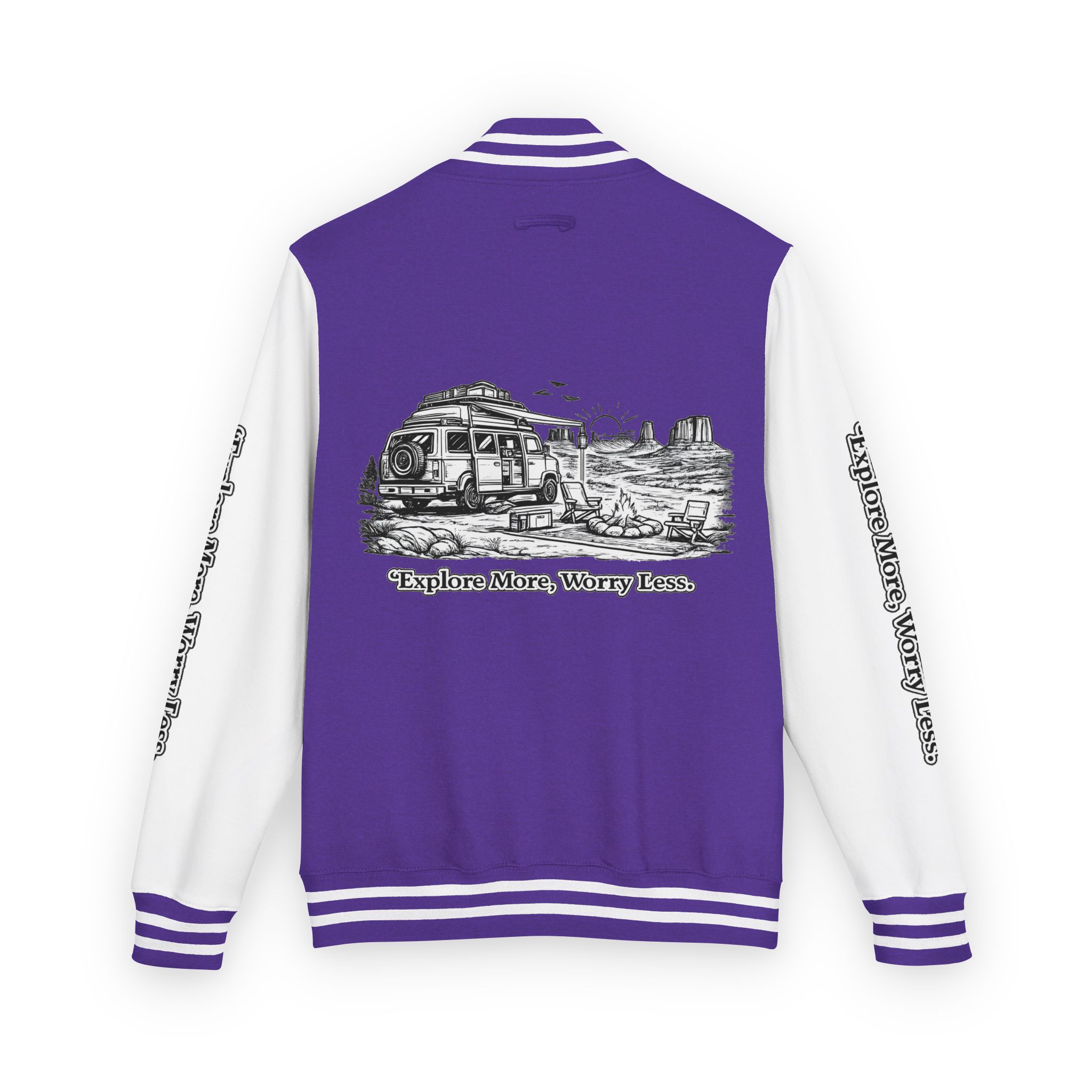 Unisex Heavyweight Letterman Jacket — "Explore More Worry Less" Travel Varsity Coat