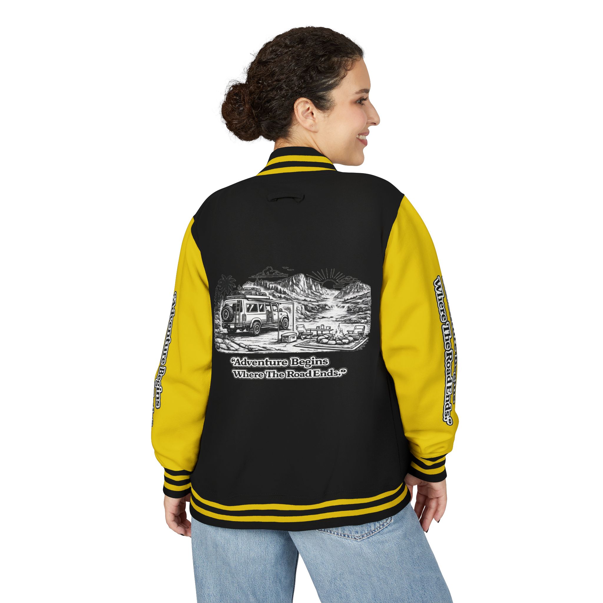 14385189010034219365_2048-1.jpeg Unisex Heavyweight Letterman Jacket — "Adventure Begins Where The Road Ends" Travel Varsity Coat