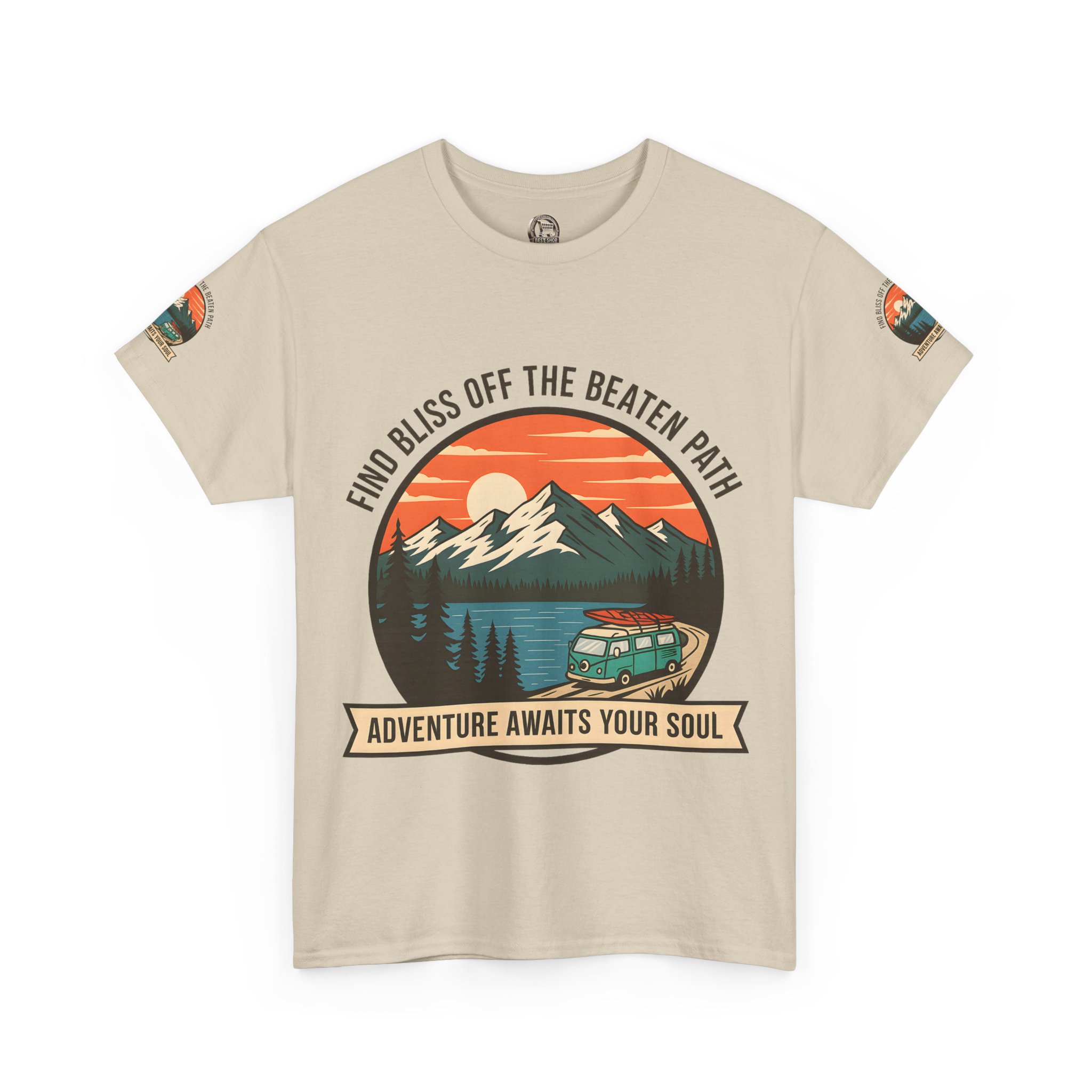 Unisex Heavy Cotton Tee — "Find Bliss Off the Beaten Path" Mountain & Camper T‑Shirt