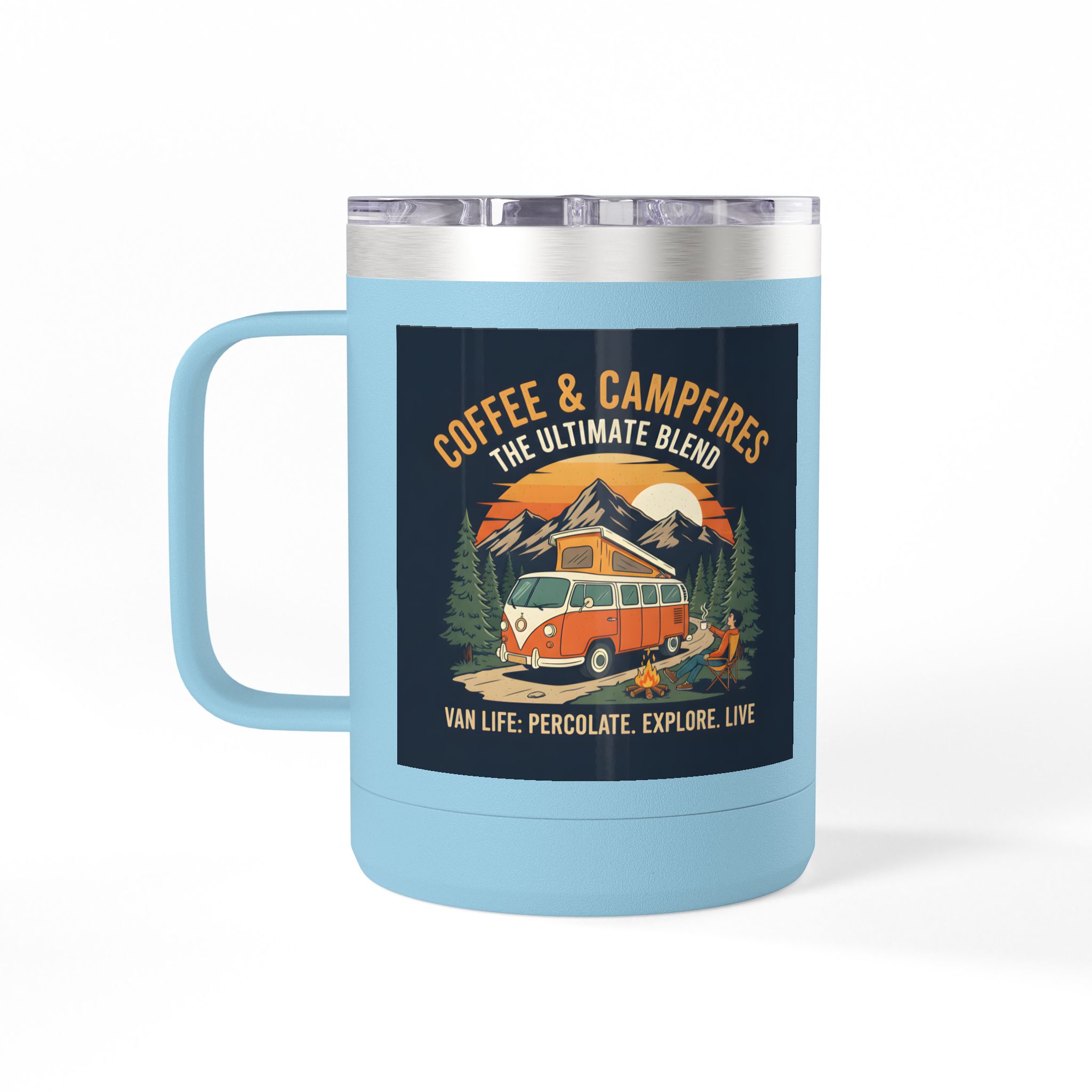 Coffee Mug Tumbler, 15oz — “Coffee & Campfires: The Ultimate Blend”