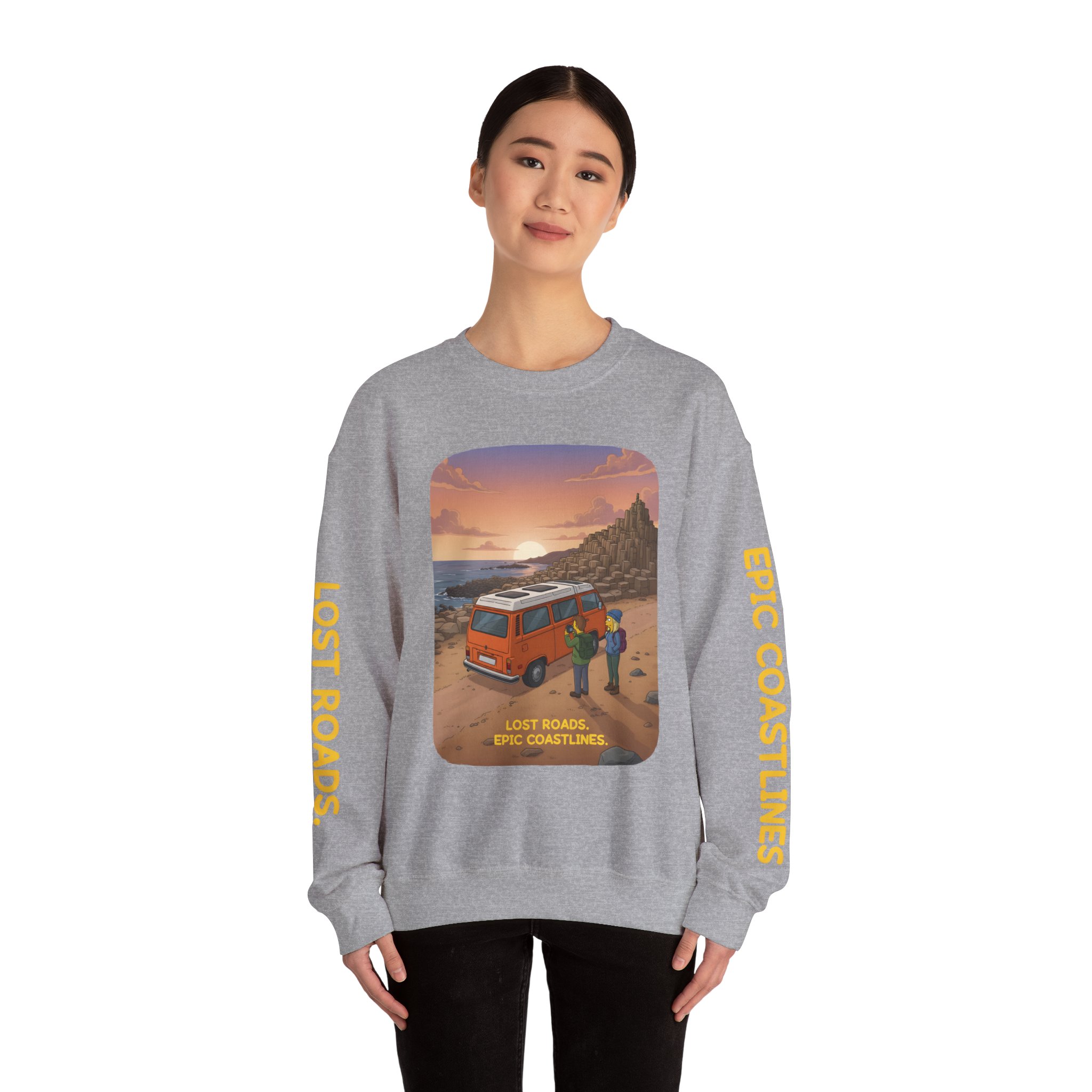 Unisex Heavy Blend™ Crewneck Sweatshirt — "Lost Roads Epic Coastlines" Design Sitcom-Line