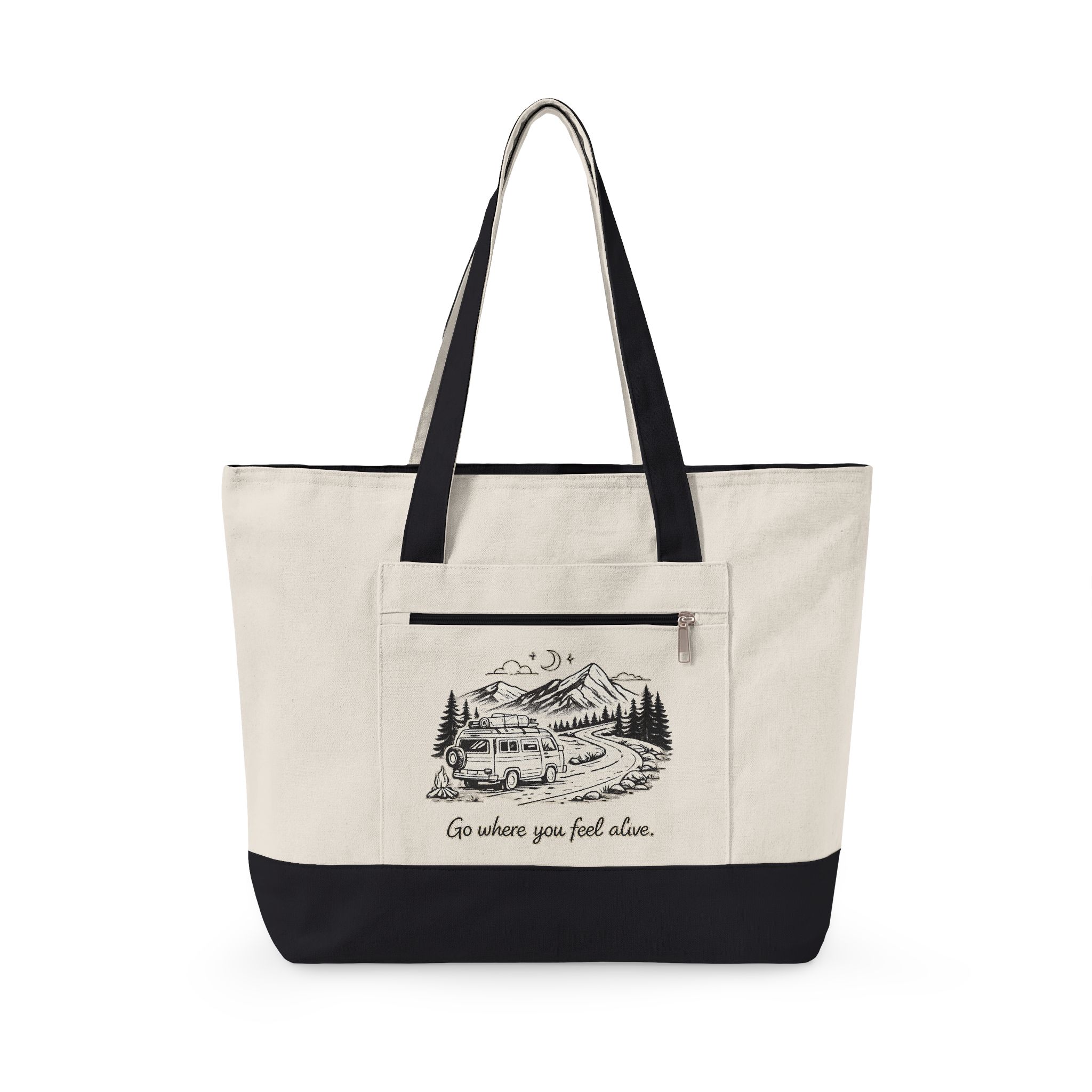 Zippered Canvas Tote — "Go Where You Feel Alive" (Design Minimal-Line)