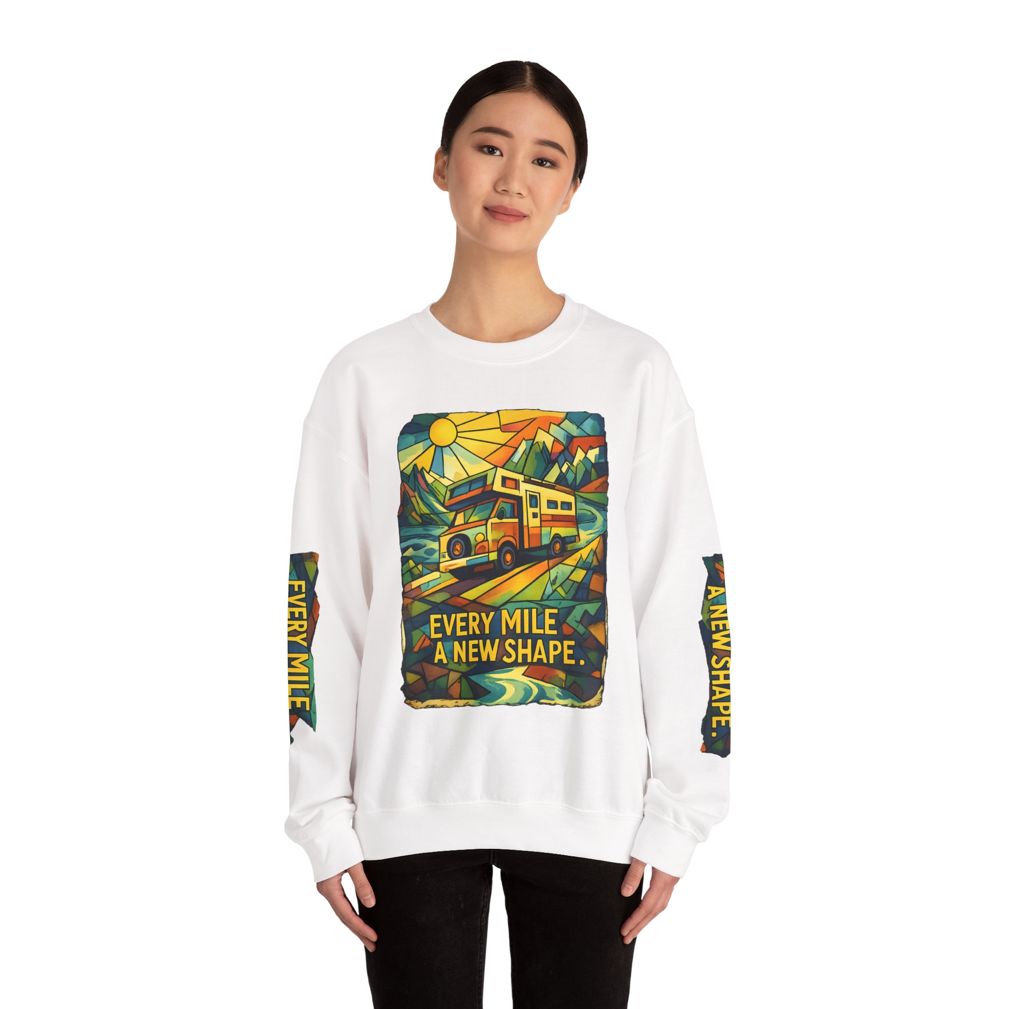 Unisex Heavy Blend™ Crewneck Sweatshirt — "Every Mile A New Shape" Design Cubic-Line