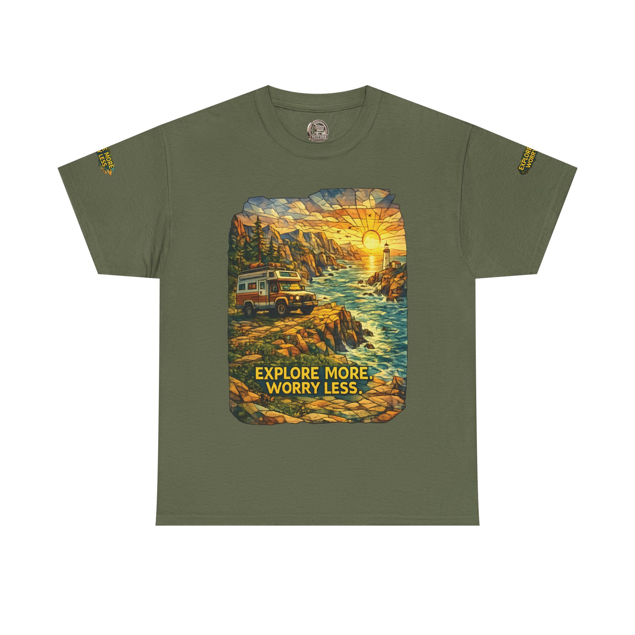 Unisex Heavy Cotton Tee — "Explore More Worry Less" Design Cubic-Line