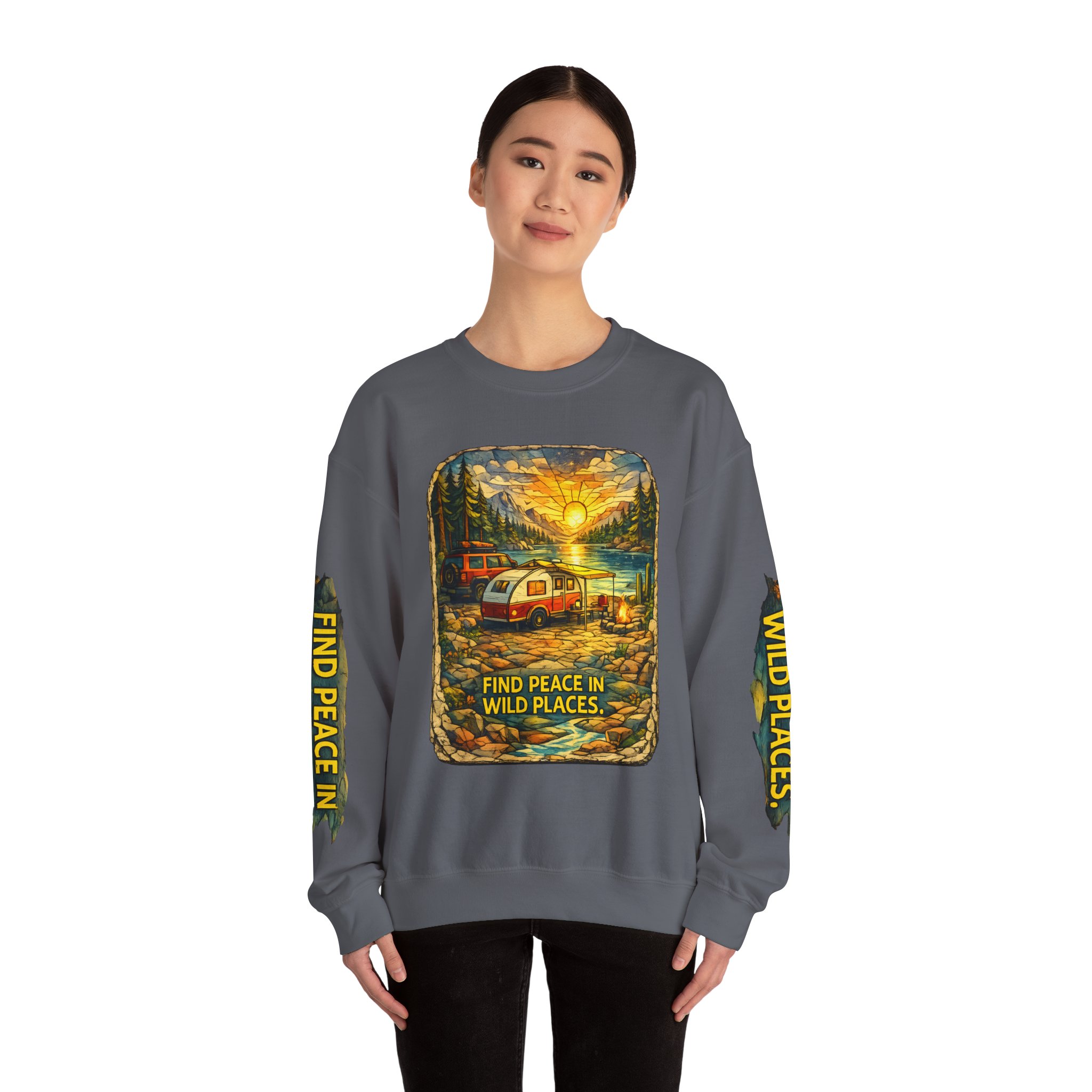 Unisex Heavy Blend™ Crewneck Sweatshirt — "Find Peace In Wild Places" Design Cubic-Line