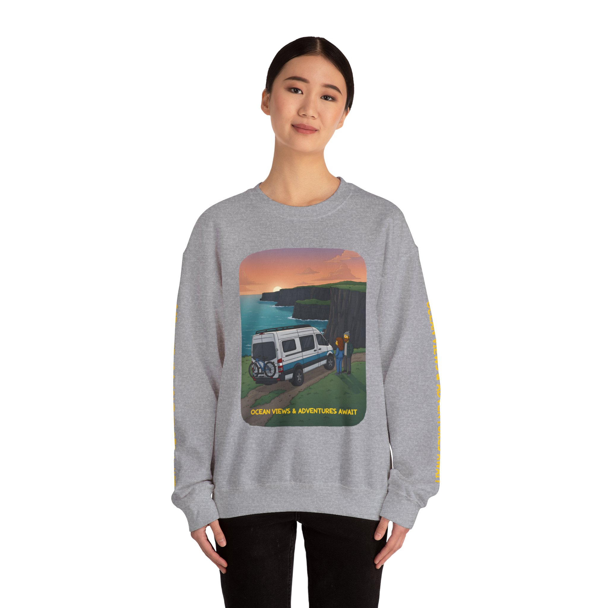 Unisex Heavy Blend™ Crewneck Sweatshirt — "Ocean Views-Adventures Awaits" Design Sitcom-Line