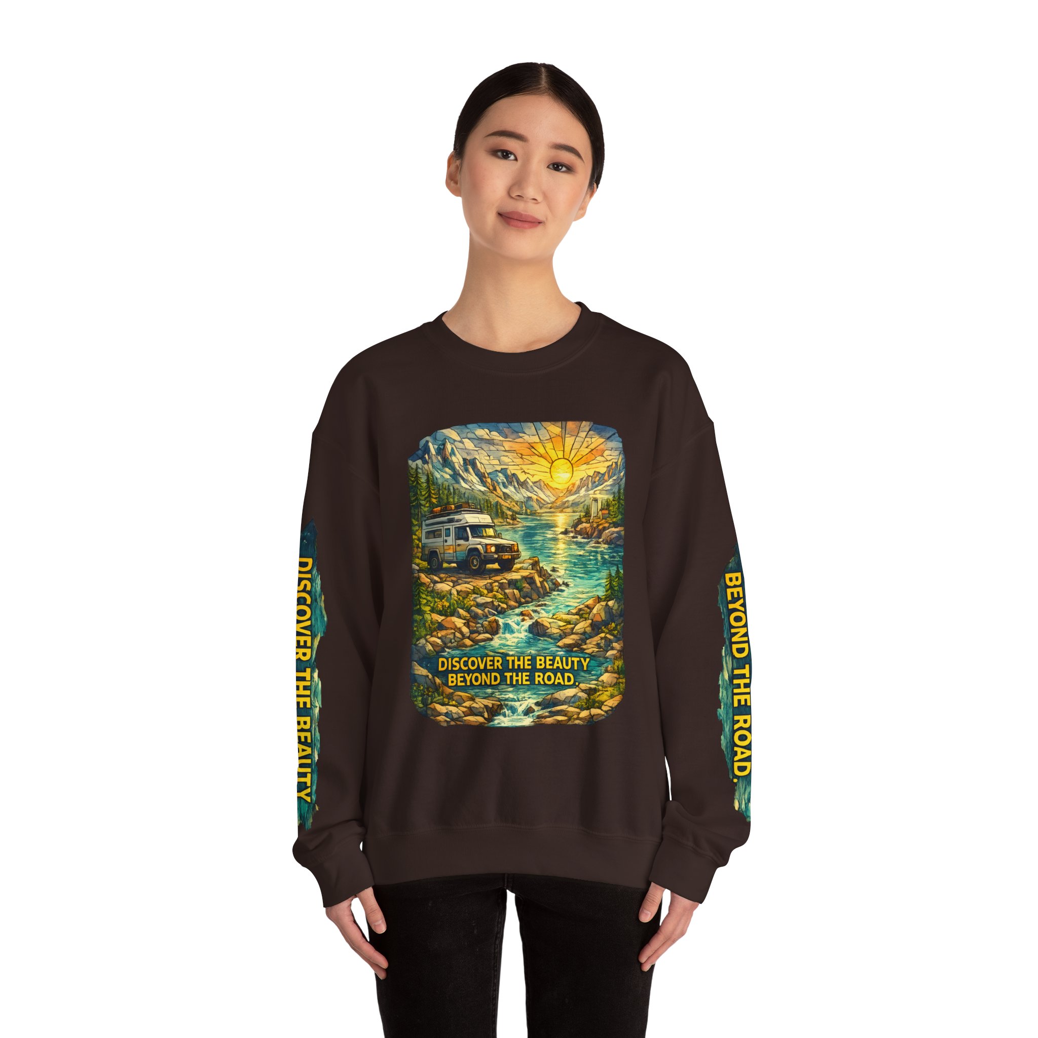 Unisex Heavy Blend™ Crewneck Sweatshirt — "Discover The Bieuty Beyond The Road" Design Cubic-Line