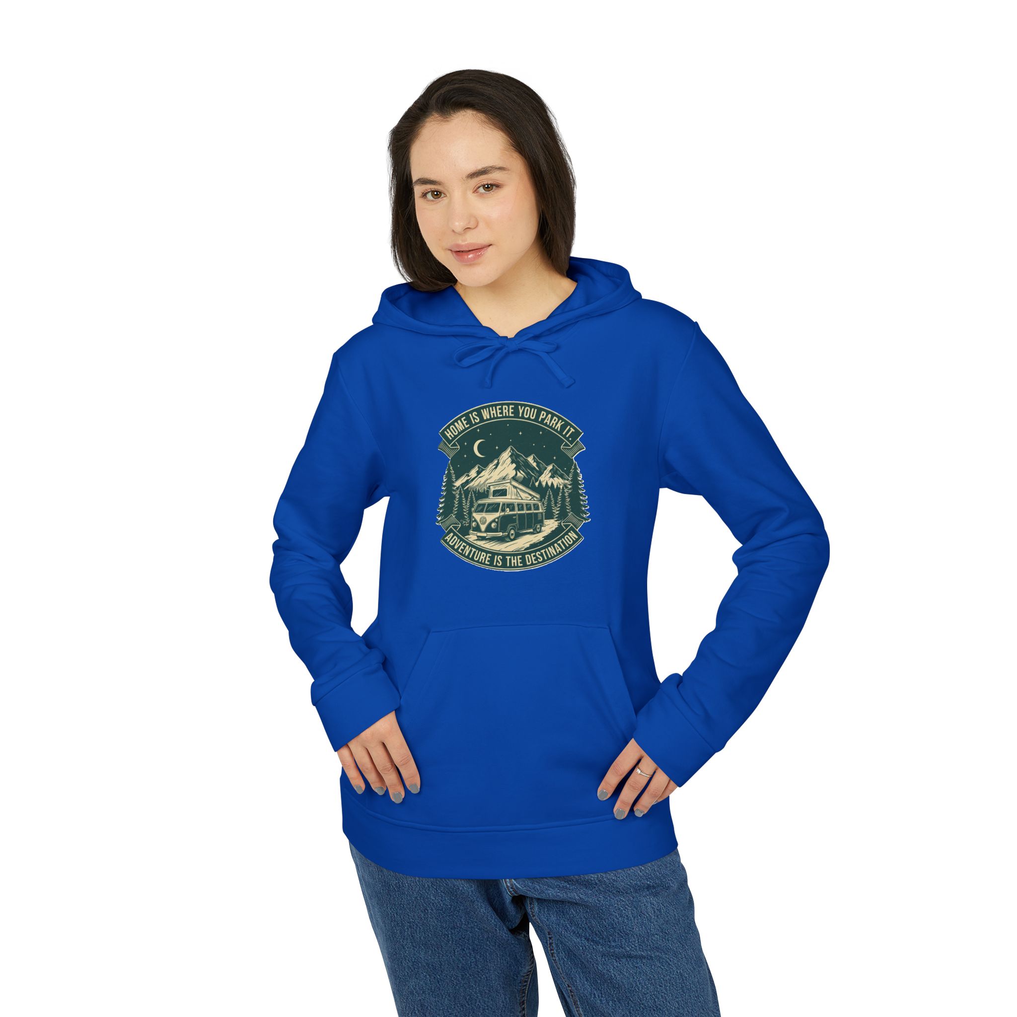 Hoodie(Adidas) — "Home Is Where You Park It-Adventure is the destination" Outdoor Travel Pullover (Only Front Printed)