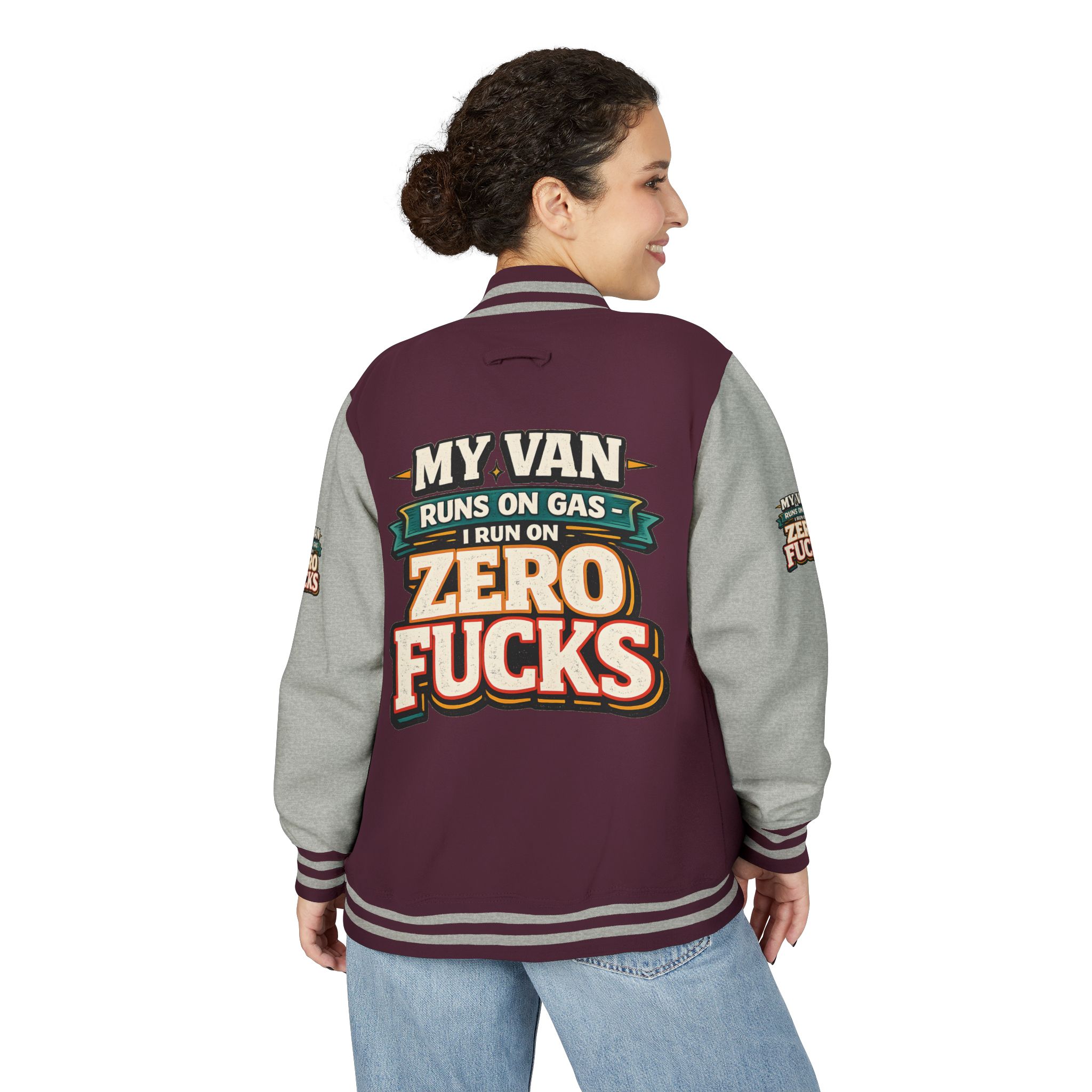 Unisex Heavyweight Letterman Jacket — "My Van Runs On Gas" Design F**K-Line