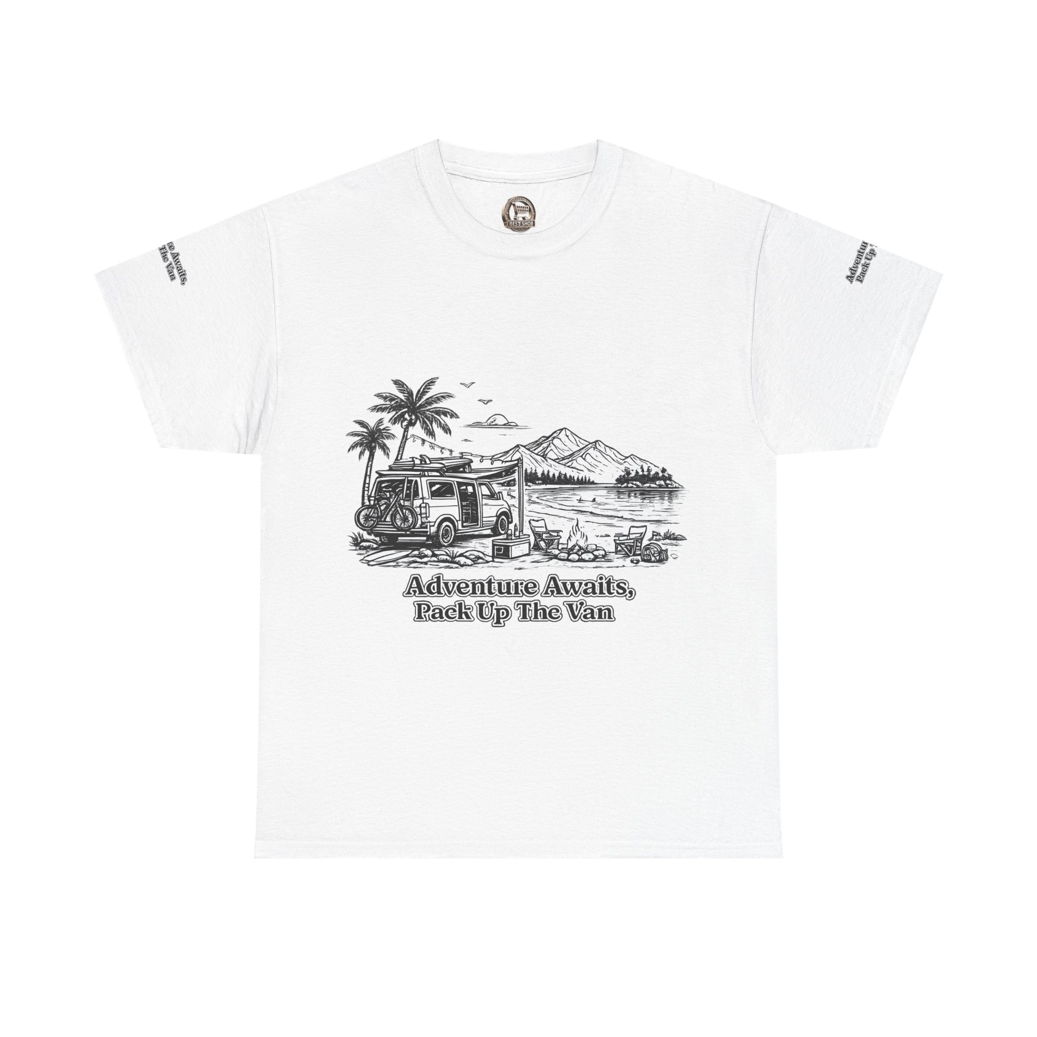Unisex Heavy Cotton Tee — "Adventure Awaits,Pack Up The Van" Design Minimal-Line
