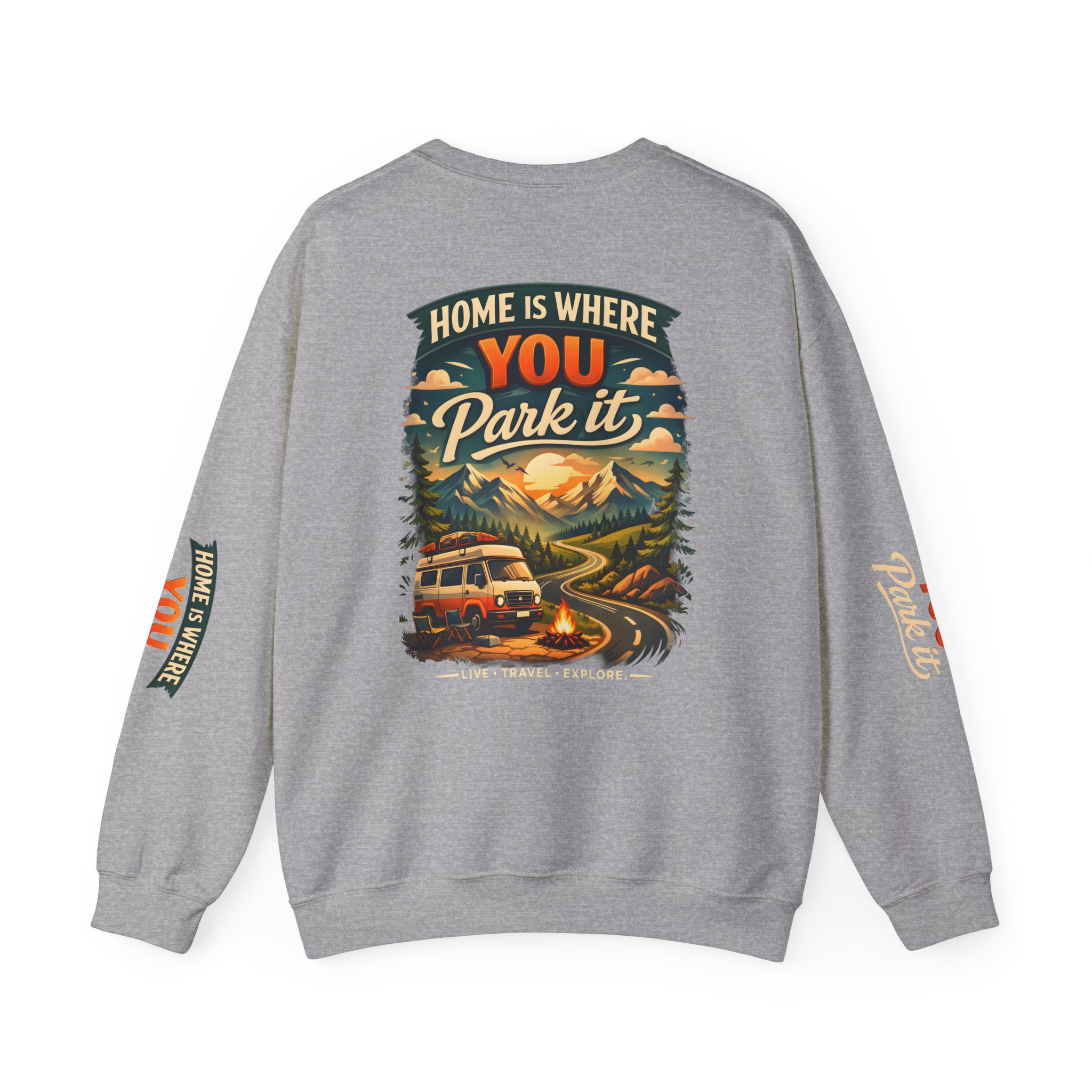 Unisex Heavy Blend™ Crewneck Sweatshirt — "Home Is Where You Park It" Design Scenic-Line