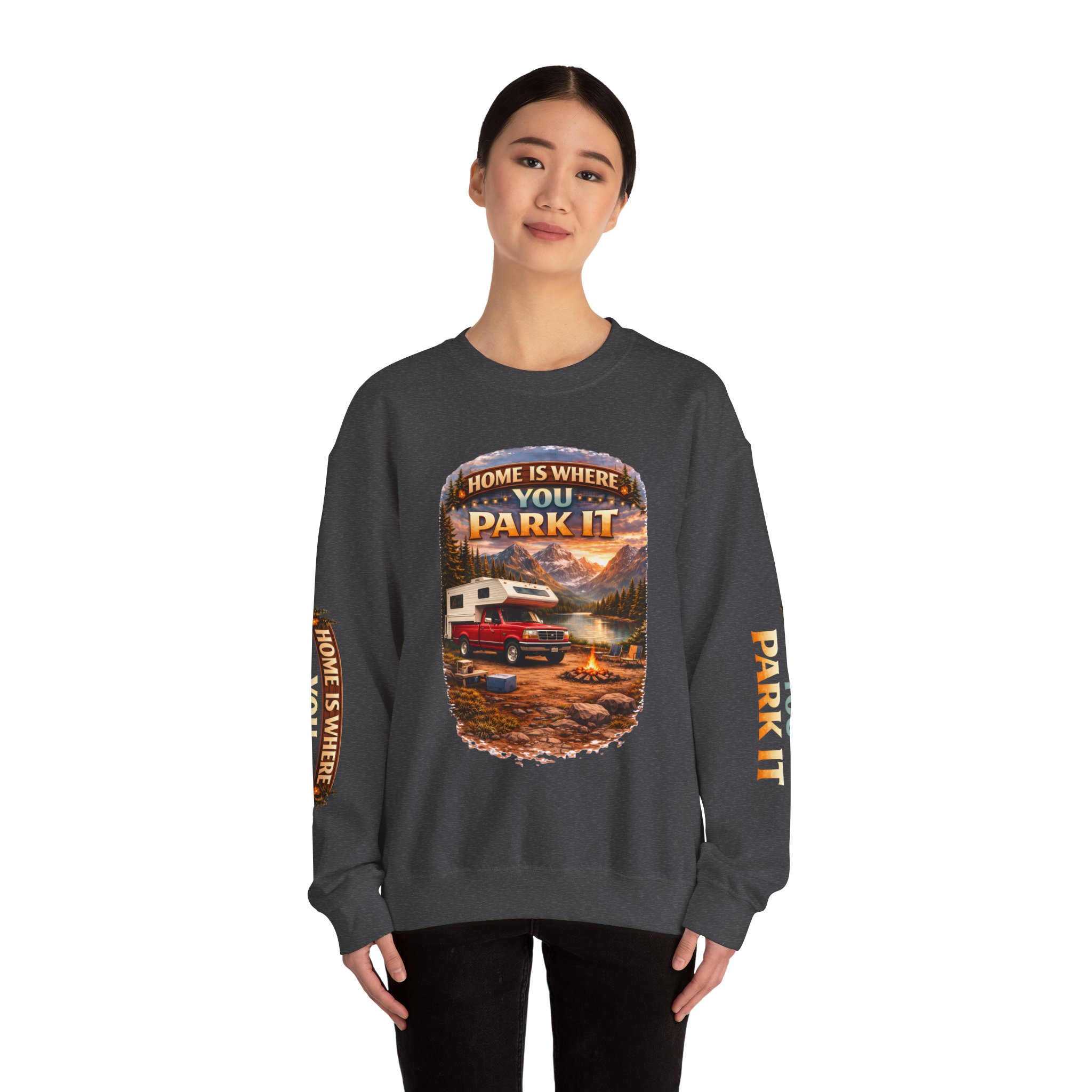 Unisex Heavy Blend™ Crewneck Sweatshirt — "Home Is Where You Park It" Design Scenic-Line