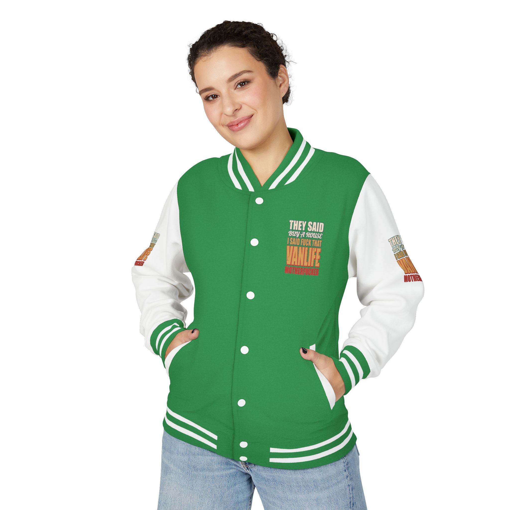 Unisex Heavyweight Letterman Jacket — "They Said Buy A House" Design F**K-Line