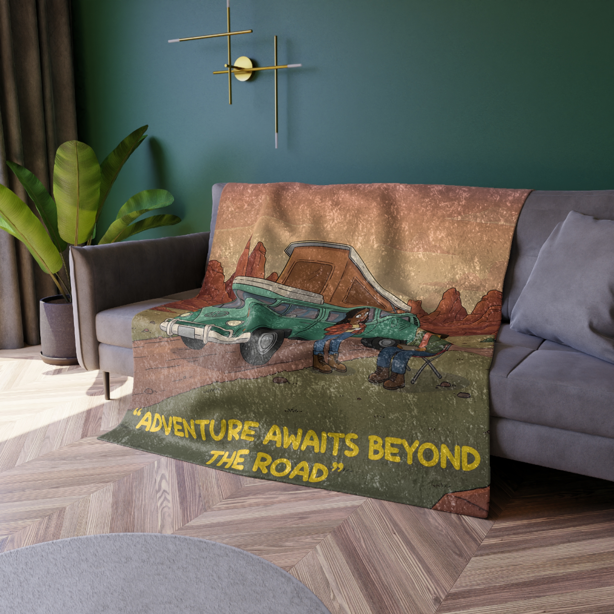 Crushed Velvet Blanket —"Adventure Awaits Beyond The Road" Design Sitcom-Line (Campervan)