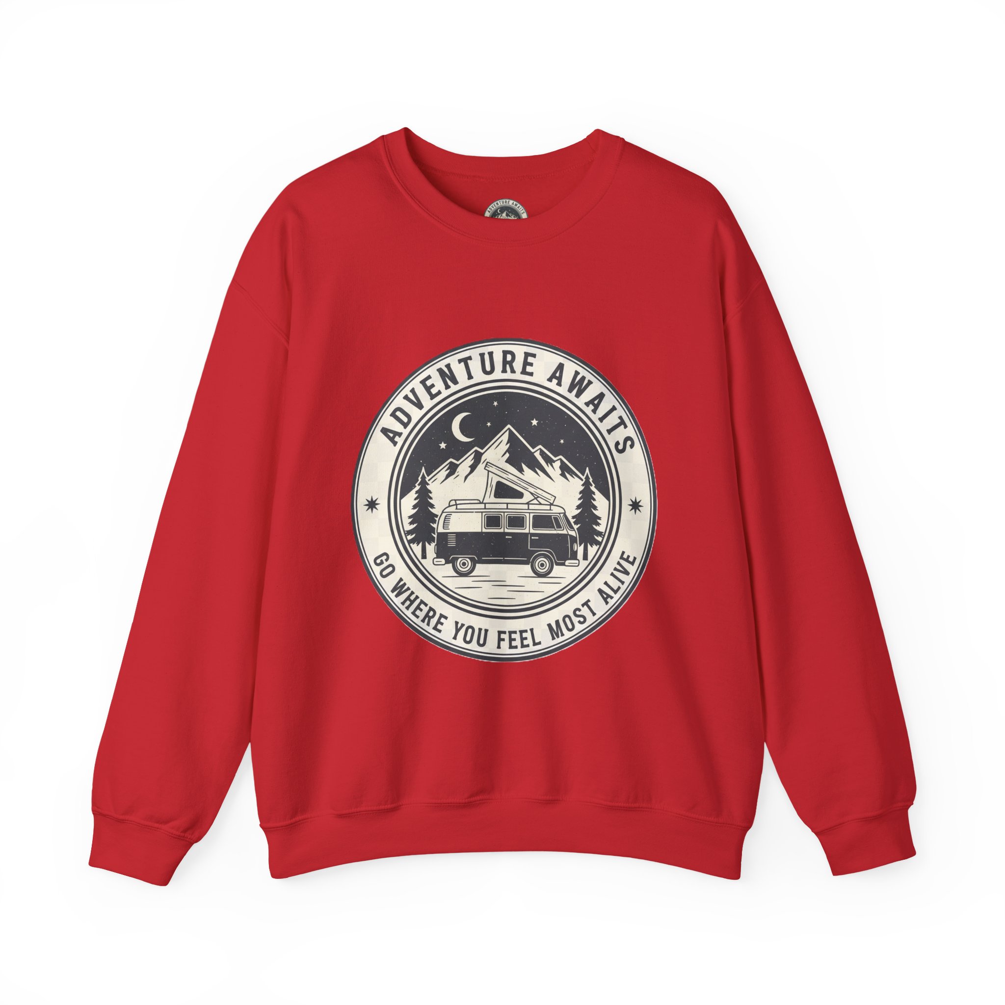14482394119345337721_2048.jpeg Crewneck Sweatshirt — "Adventure Awaits-Go Where You Feel Most Alive" (Only Font printed) Vintage Camper Van Outdoor Graphic