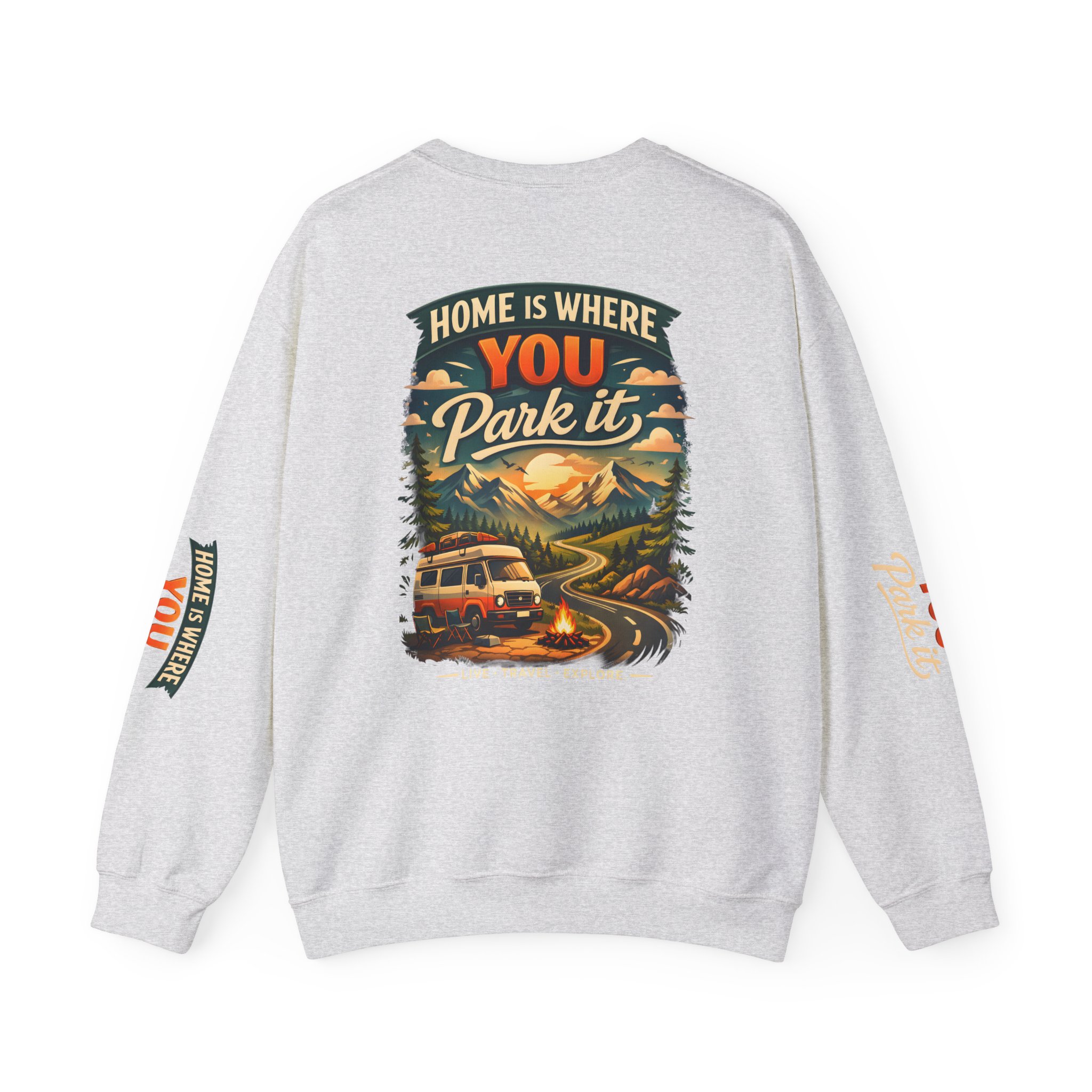 Unisex Heavy Blend™ Crewneck Sweatshirt — "Home Is Where You Park It" Design Scenic-Line