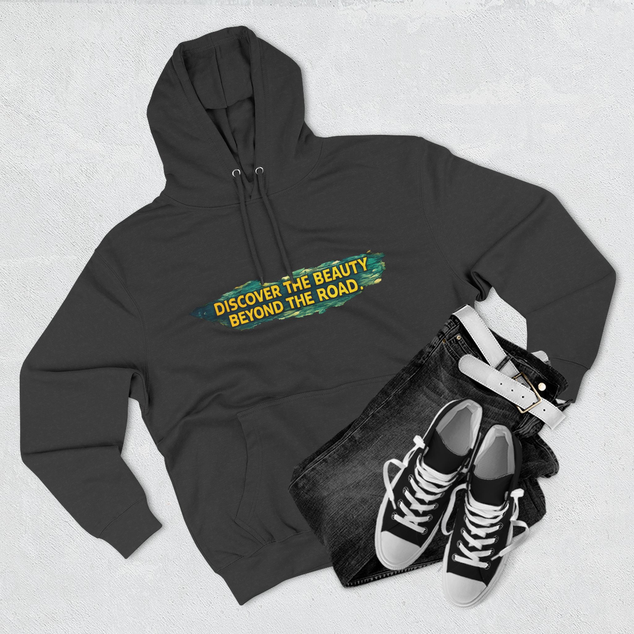 Three-Panel Fleece Hoodie - "Discover The Bieuty Beyond The Road" Design Cubic-Line