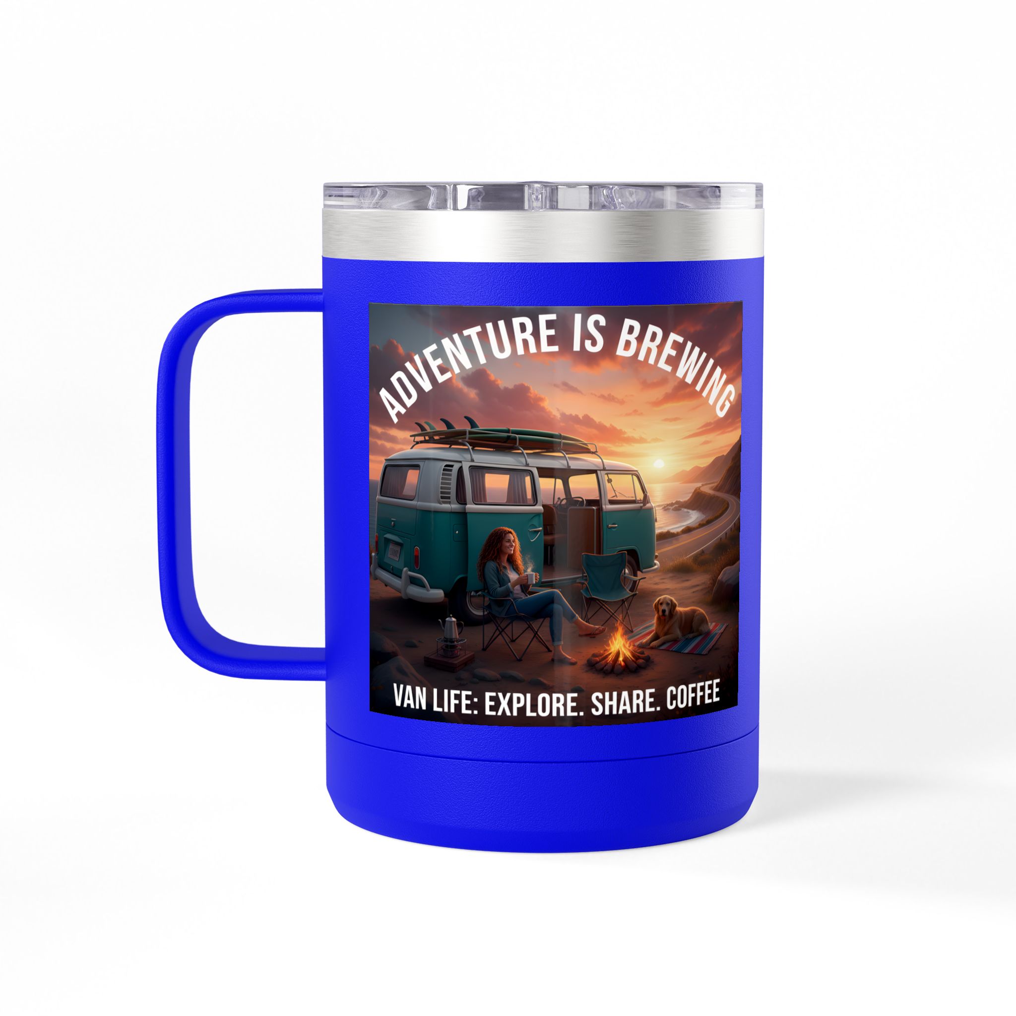 Coffee Mug Tumbler, 15oz-- "Adventure Is Brewing"