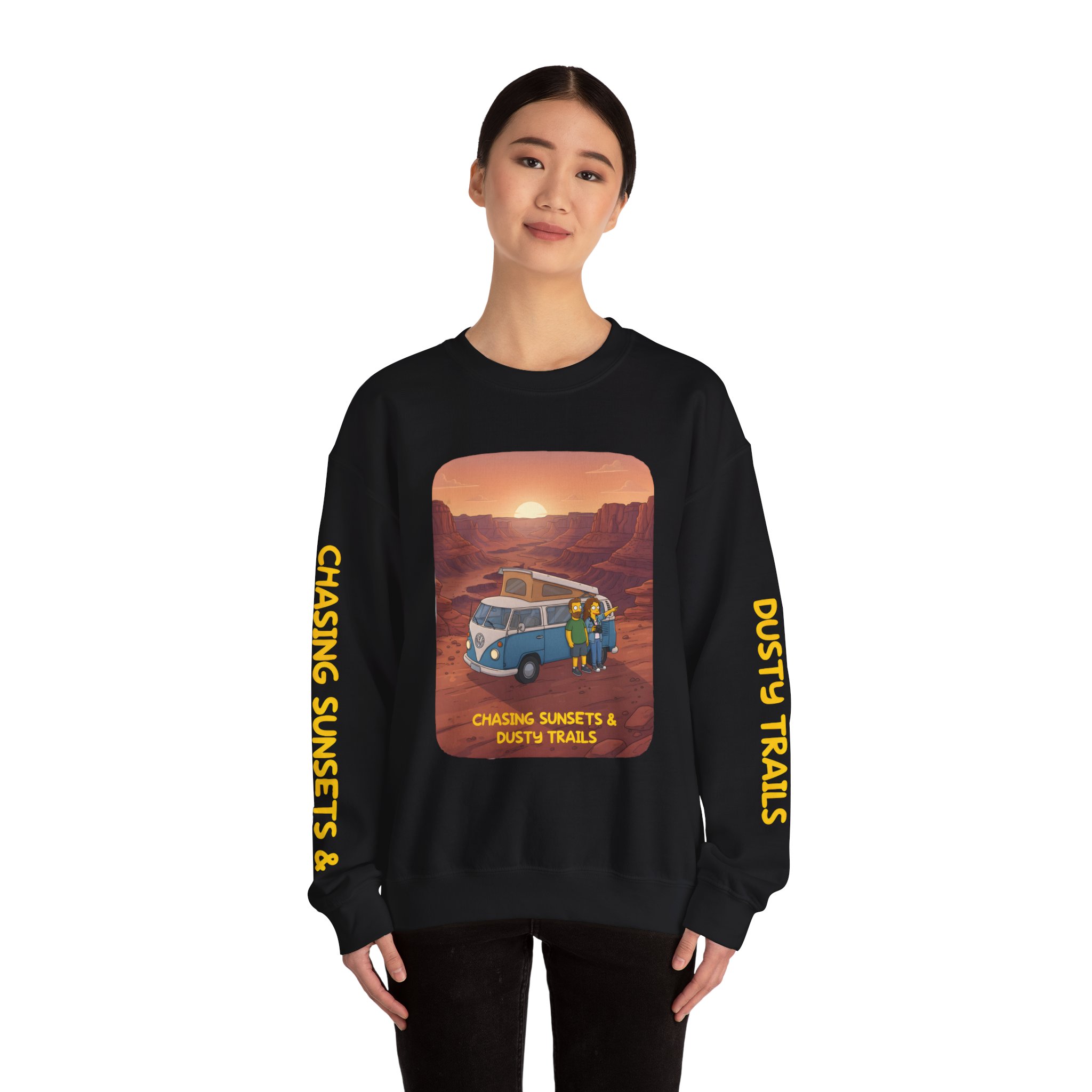Unisex Heavy Blend™ Crewneck Sweatshirt — "Chasing Sunsets And Dusty Trails" Design Sitcom-Line