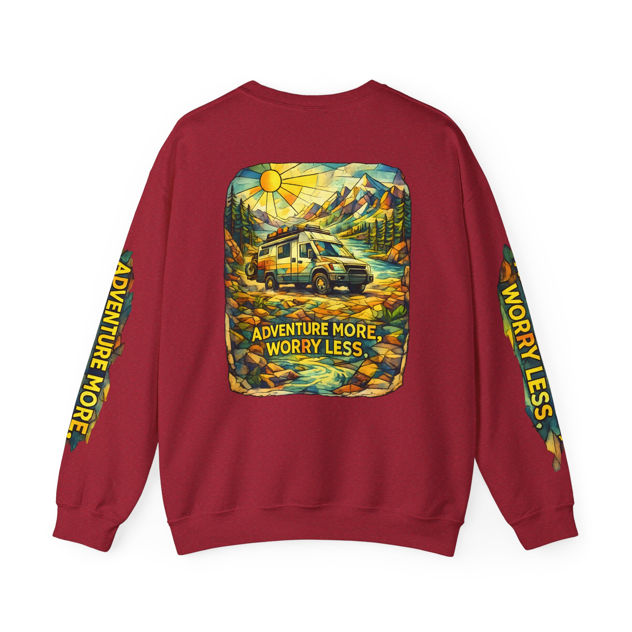 Unisex Heavy Blend™ Crewneck Sweatshirt — "Adventure More Worry Less" Design Cubic-Line