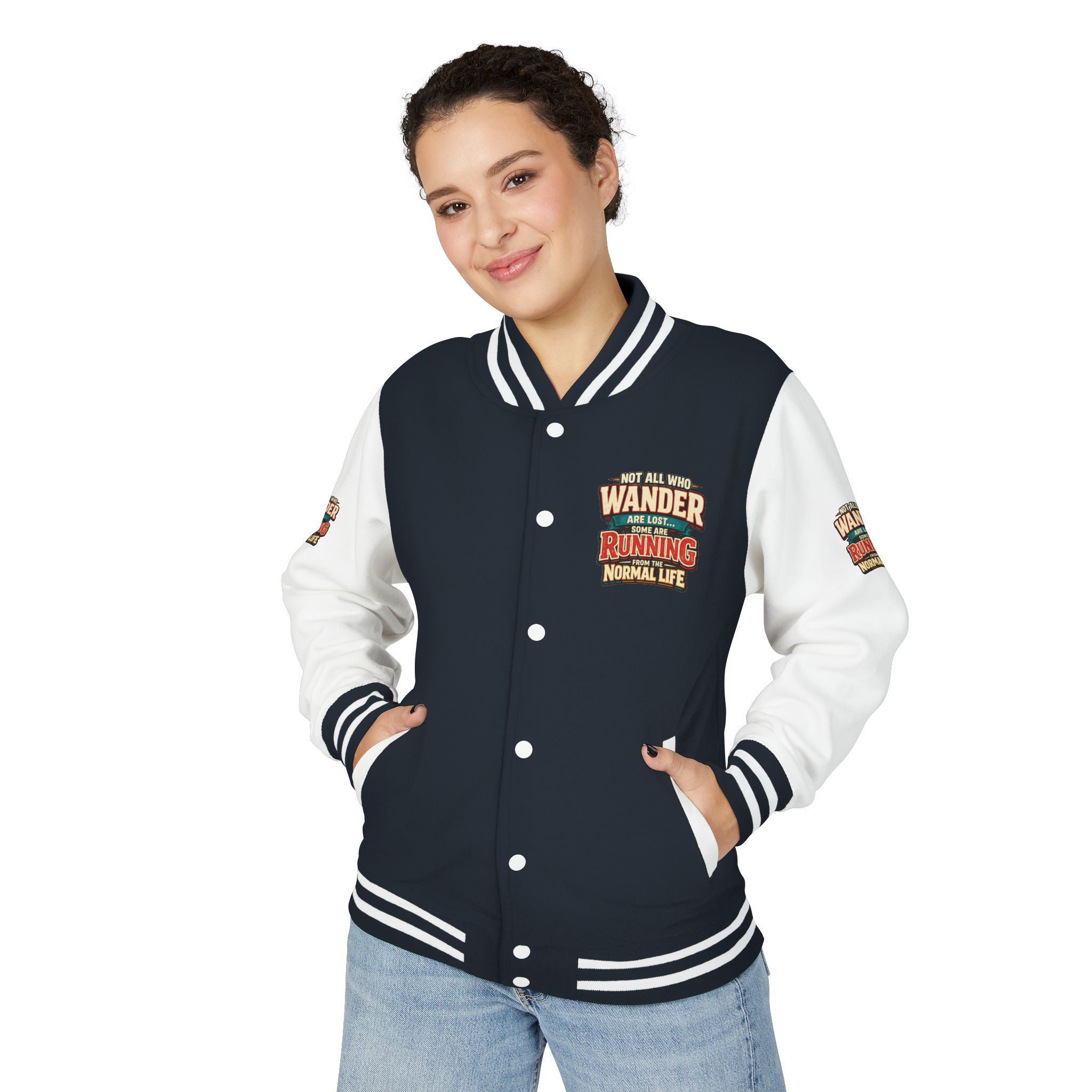 Unisex Heavyweight Letterman Jacket — "Not All Who Wander Are Lost" Design F**K-Line
