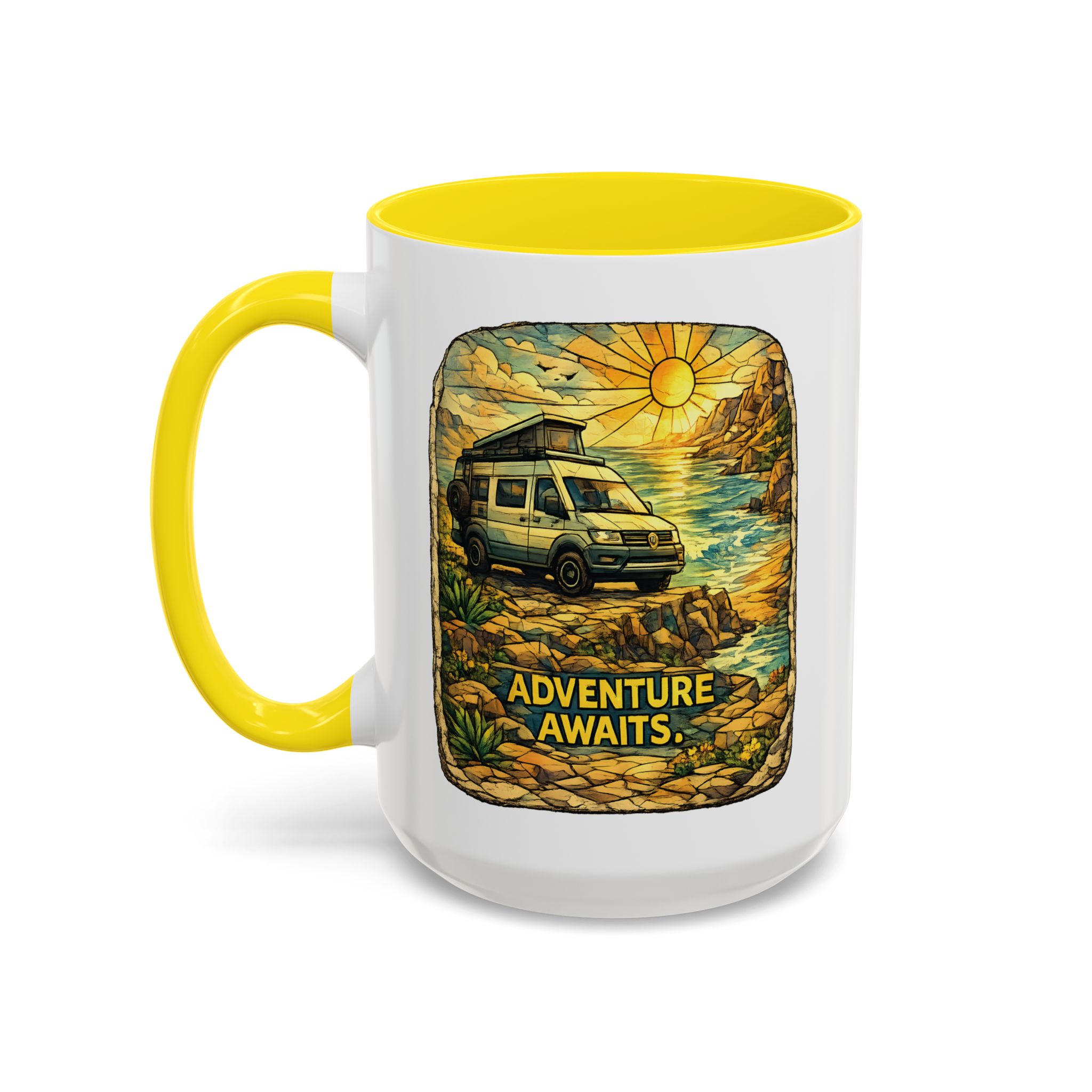 Accent Coffee Mug (11, 15oz) — "Adventure Awaits" Design Cubic-Line