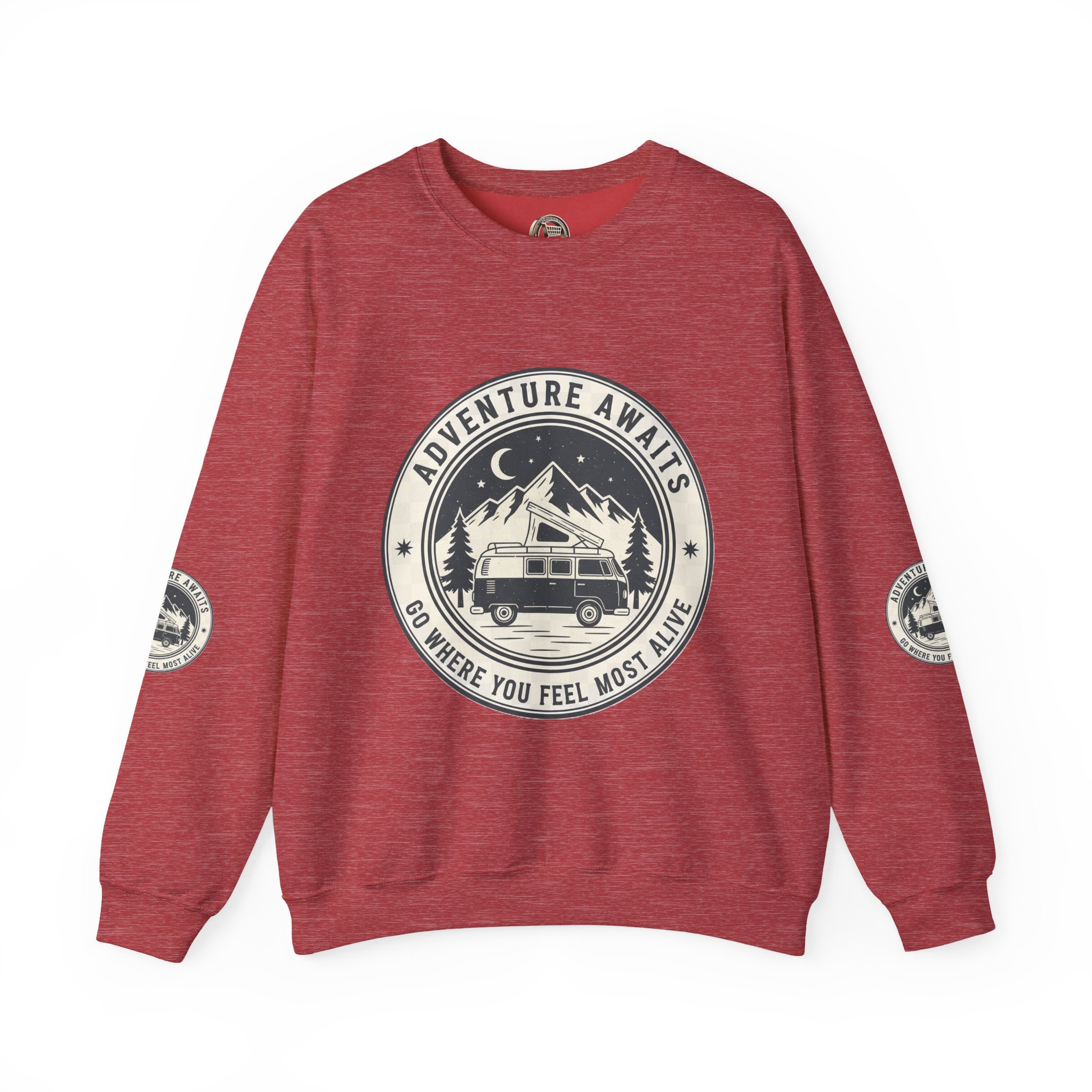 14519946097218318119_2048.jpeg Crewneck Sweatshirt — "Adventure Awaits-Go Where You Feel Most Alive" (Font + Back + Sleaves printed) Vintage Camper Van Outdoor Graphic