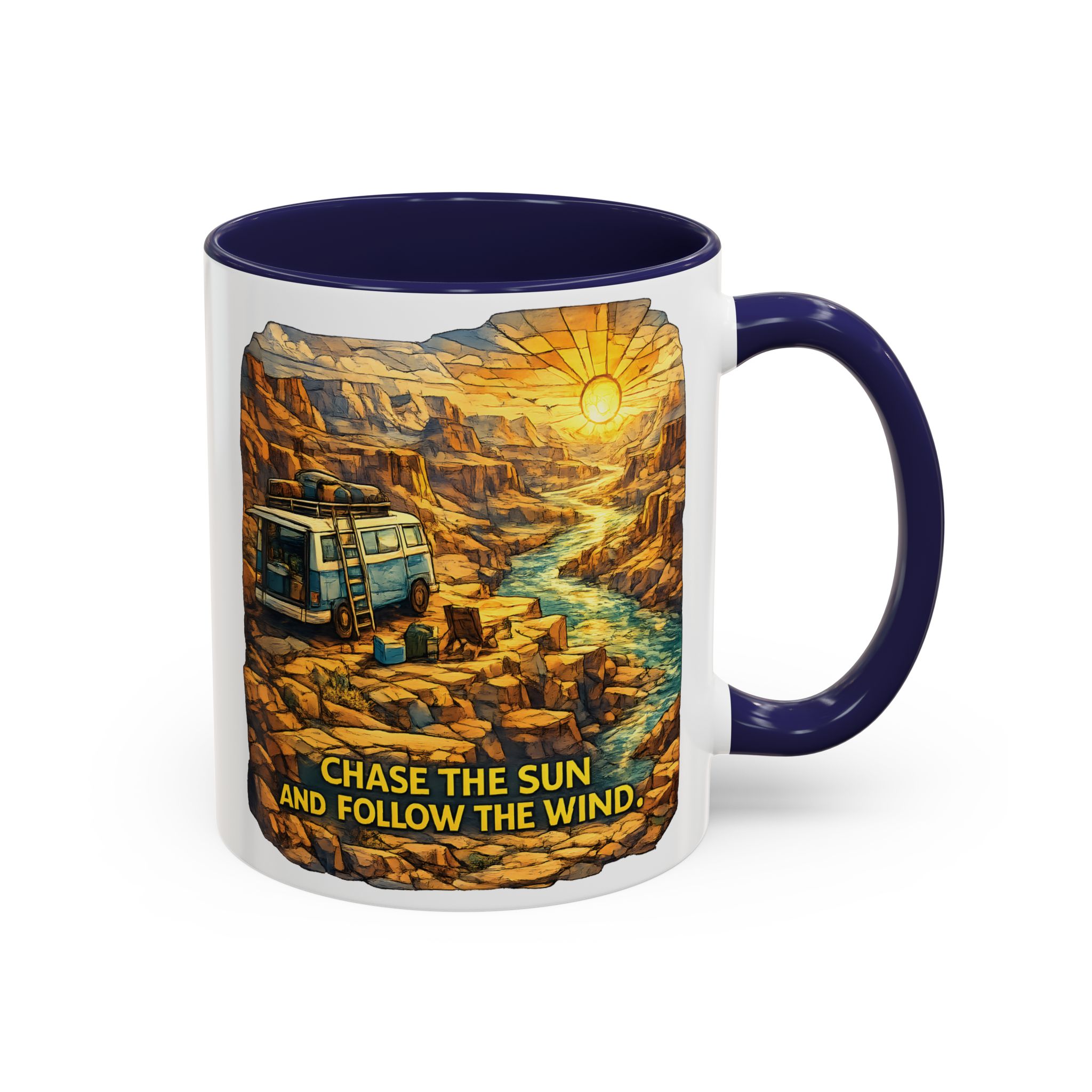 Accent Coffee Mug (11, 15oz) — "Chase The Sun And Follow The Wind" Design Cubic-Line