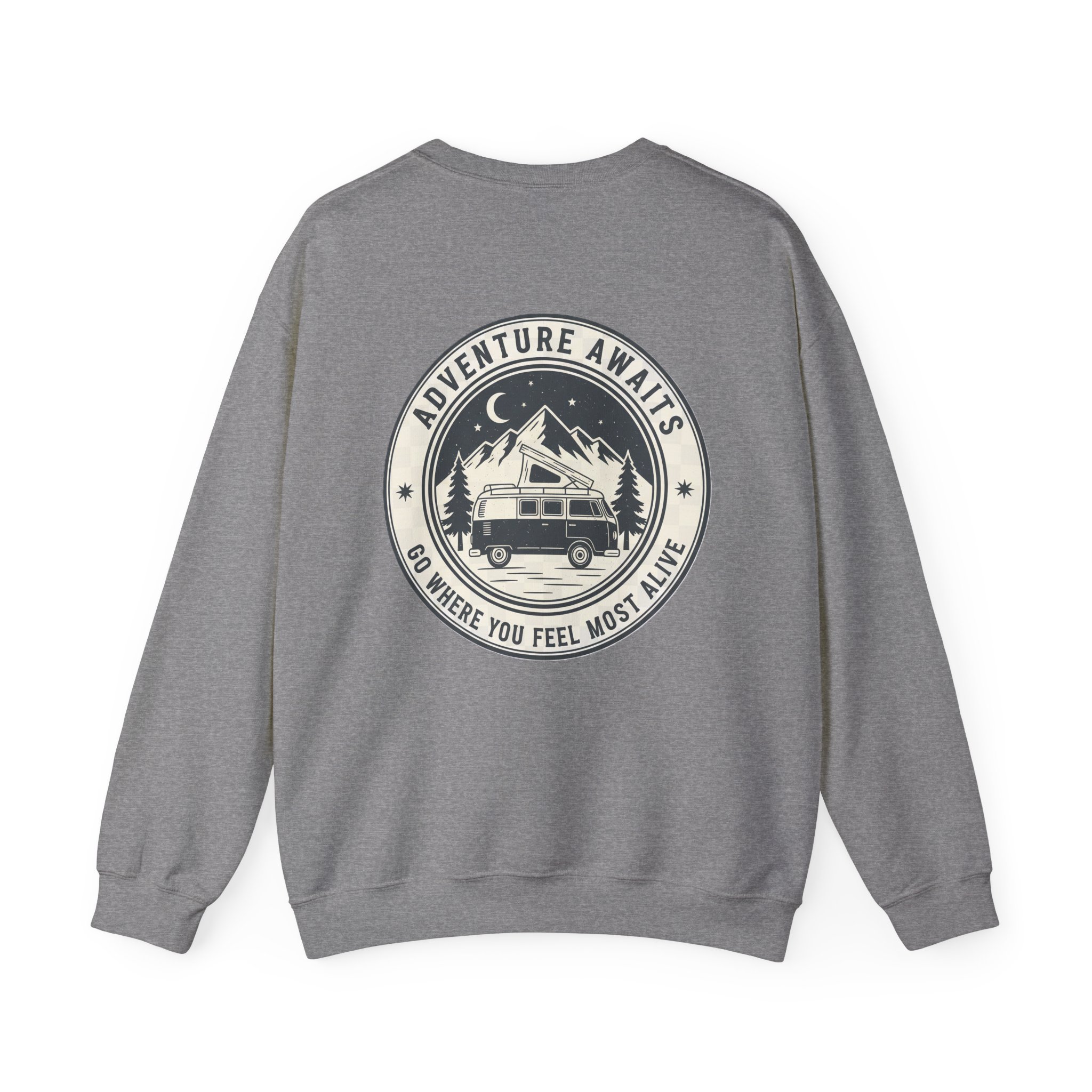 14529749028140927817_2048.jpeg Crewneck Sweatshirt — "Adventure Awaits-Go Where You Feel Most Alive" (Only Back printed) Vintage Camper Van Outdoor Graphic