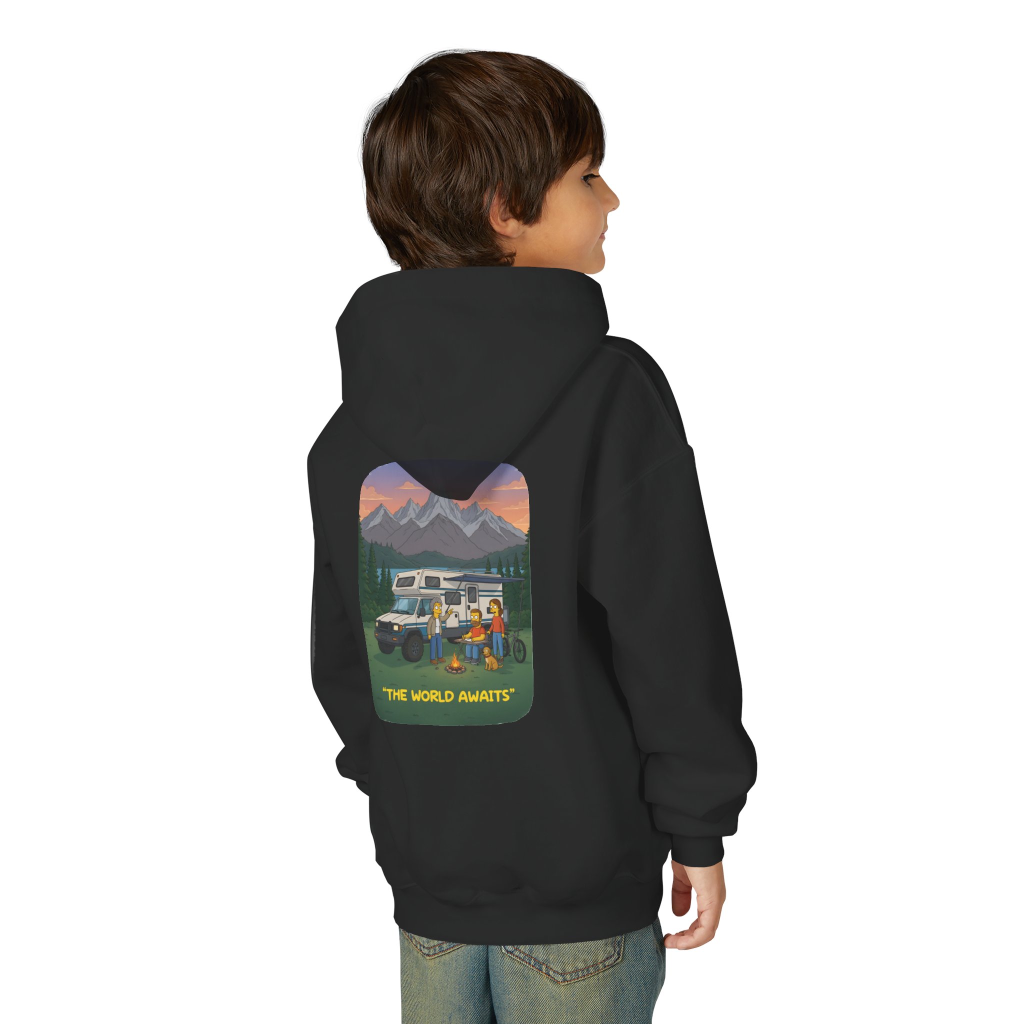 Youth Hoodie(Gildan) – "The World Awaits" (Design Sitcom-Line)