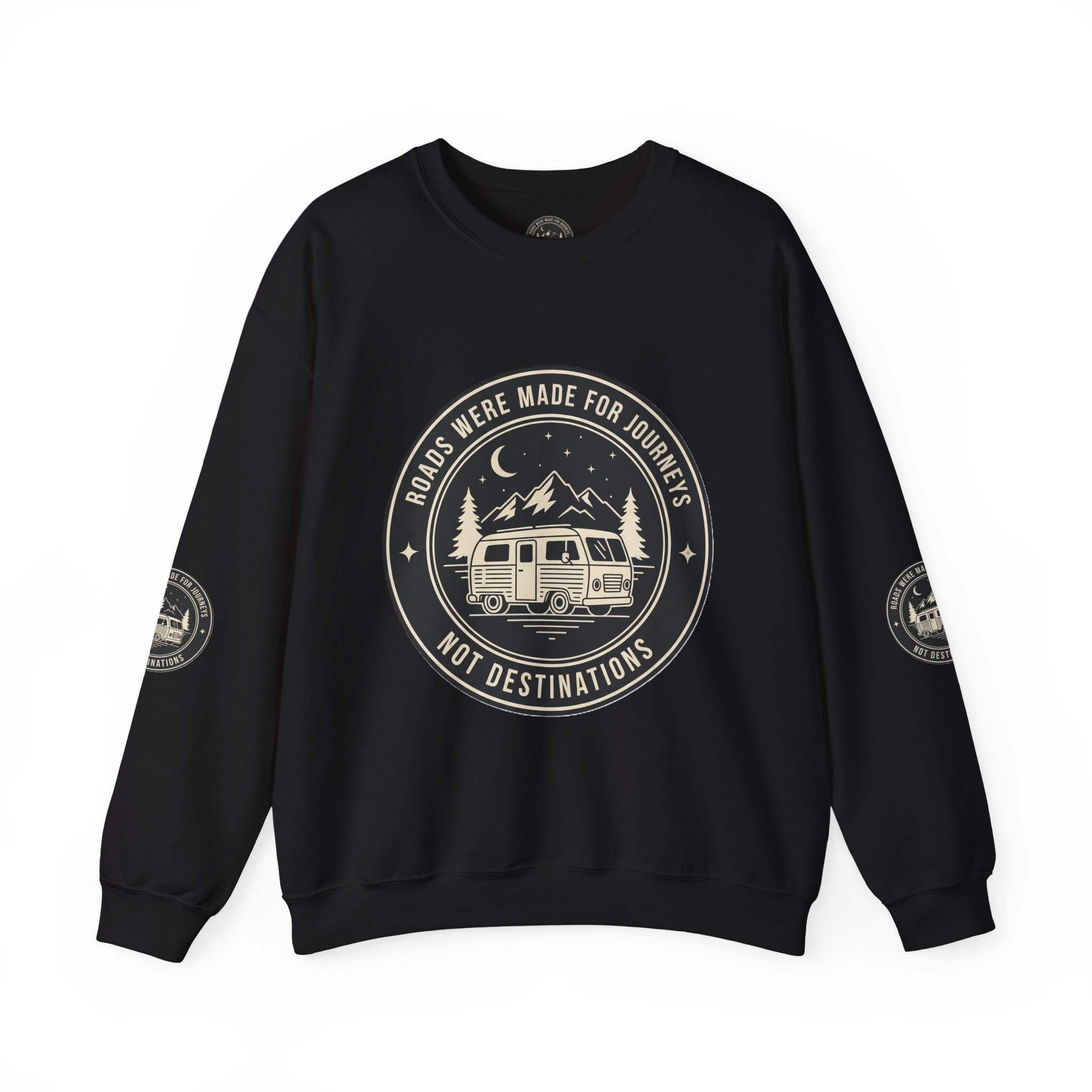 Crewneck Sweatshirt — "ROAD WHERE MADE FOR JOURNEYS-NOT DESTINATIONS" (Font + Back + Sleaves printed) Vintage Camper Van Outdoor Graphic
