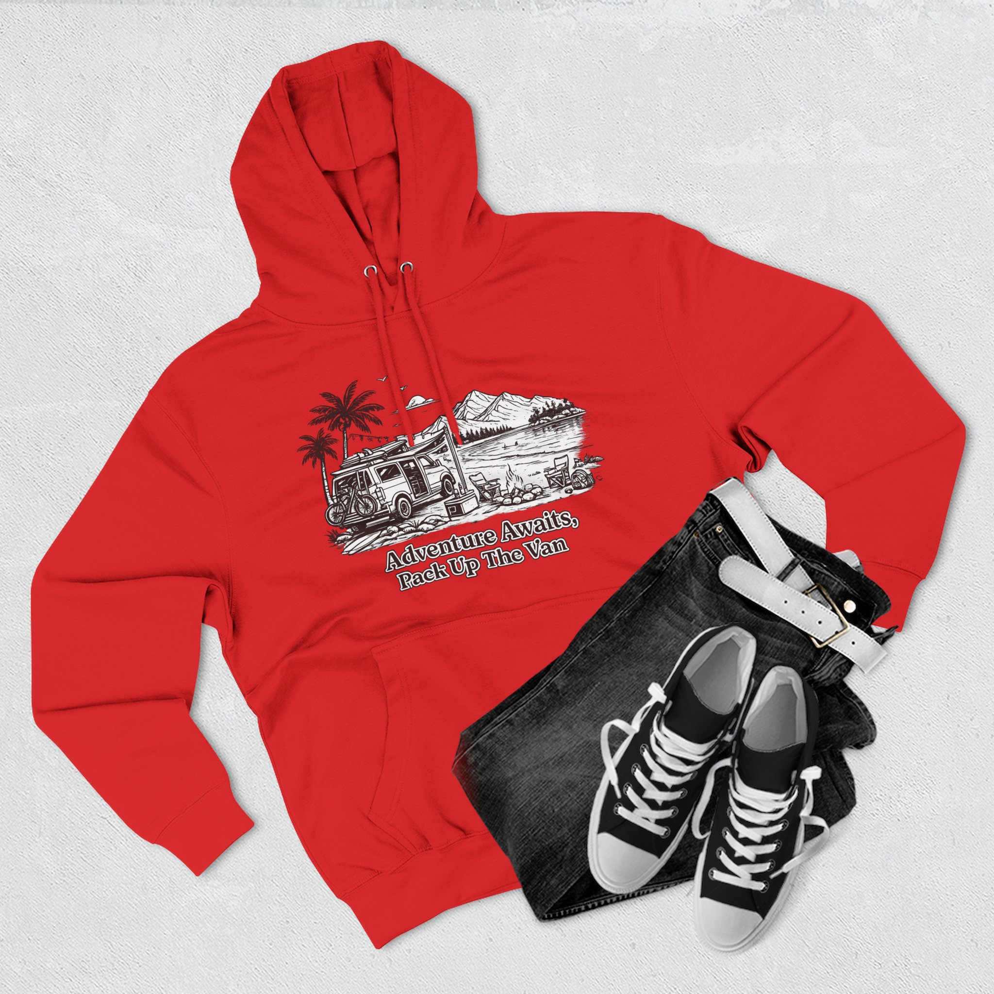 Three-Panel Fleece Hoodie - "Adventure Awaits,Pack Up The Van" Design Minimal-Line